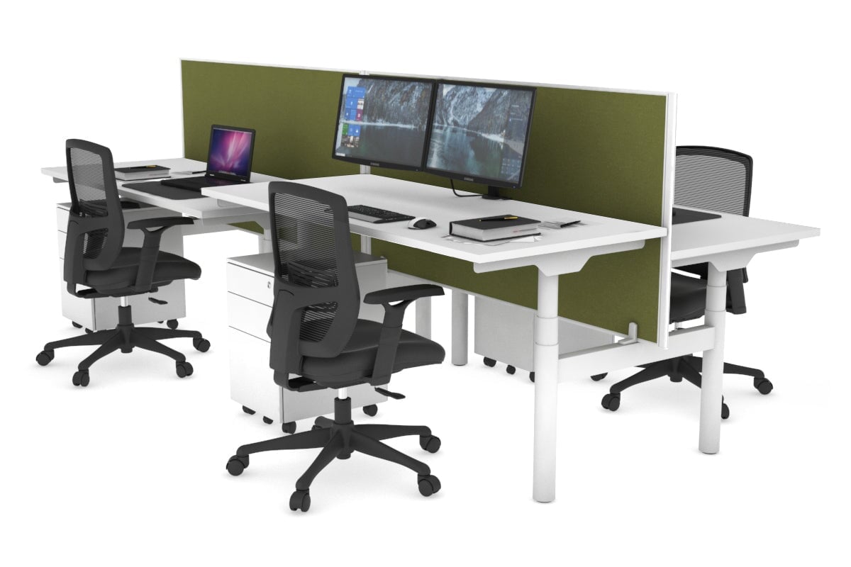 Flexi Premium Height Adjustable 4-Person H Bench Workstation - White Frame [1400L x 700W] - Ergonomic Office Desk for Collaborative Workspaces & Coworking Environments