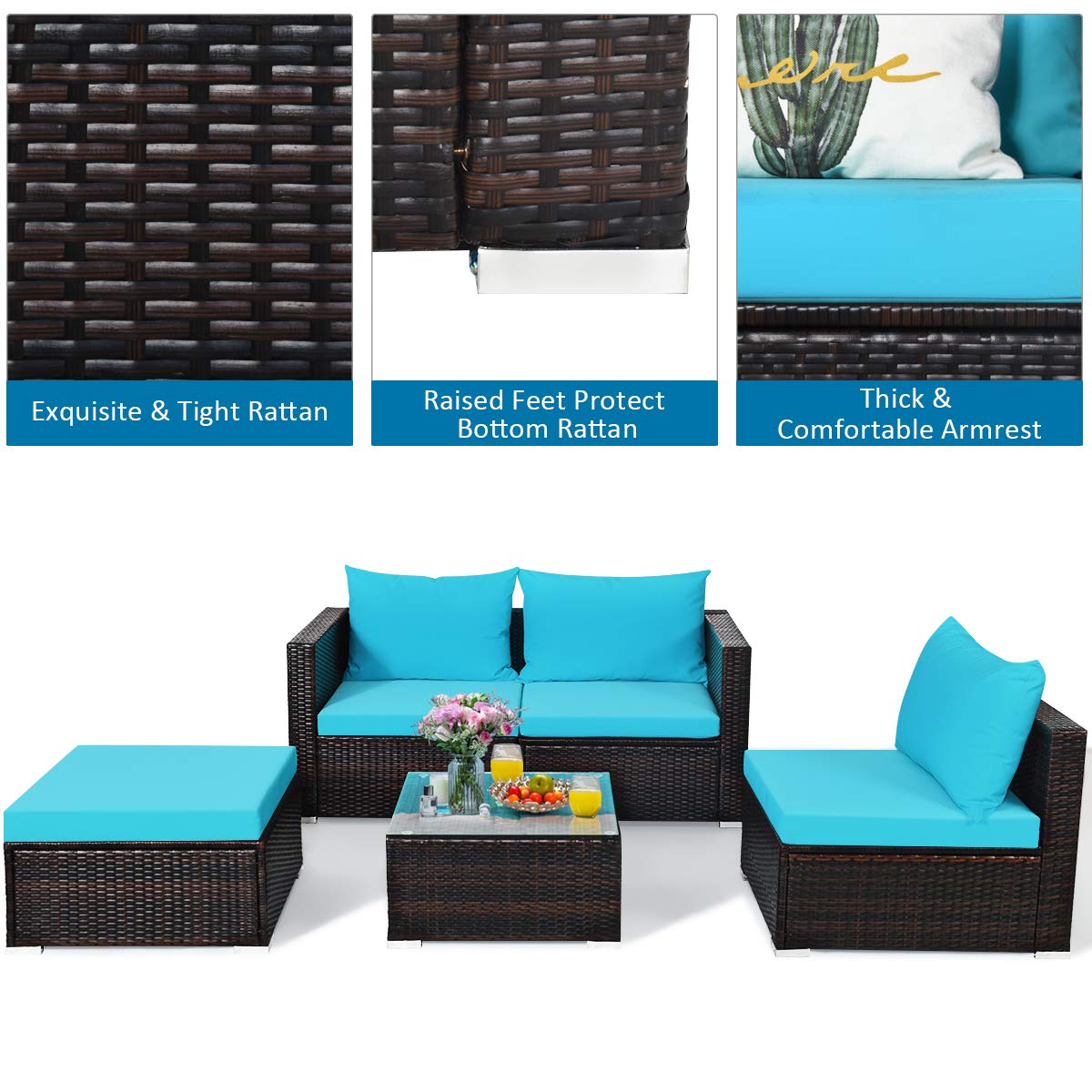 Tangkula 5-Piece Outdoor Patio Furniture Set - Sturdy Wicker Sectional Sofa with Glass Top Coffee Table, 360lb Weight Capacity - Turquoise Patio, Garden & Poolside Furniture for 4 People - Perfect for Backyard Relaxation, Outdoor Entertaining & Pool Parties