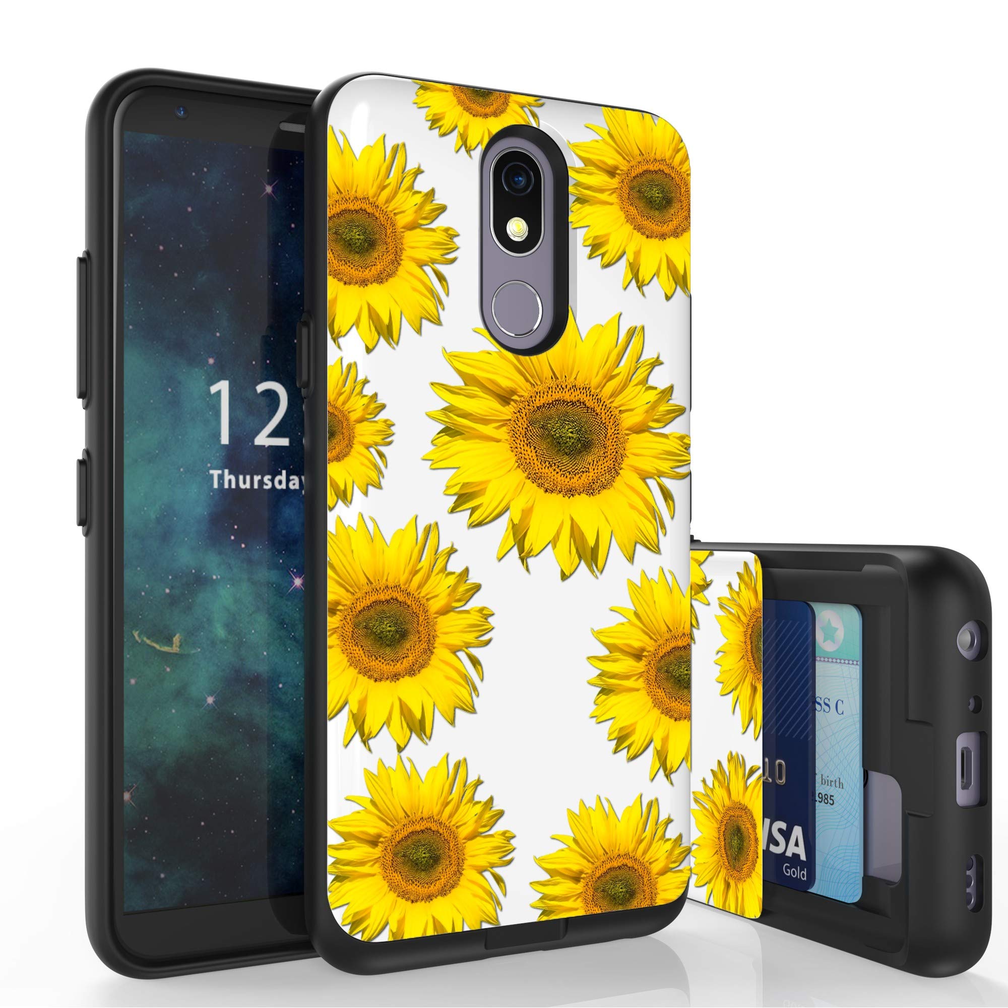 LG K40/K12+/Solo LTE Case - Slim Dual Layer Wallet Design with Card Holder & Wireless Charging | Sunflower Pattern | Perfect for Work, Travel, and Everyday Use