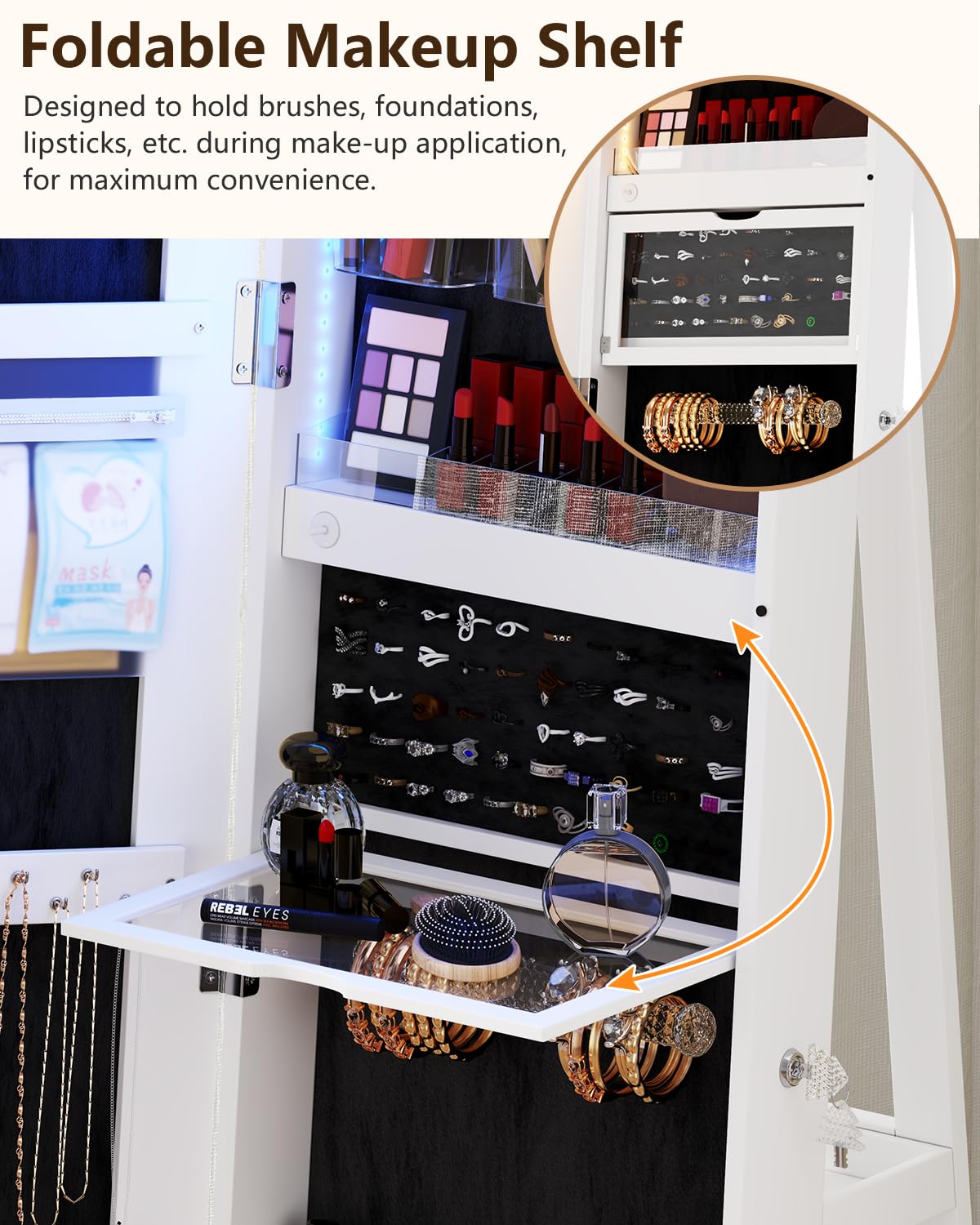 360° Rotating Jewelry Armoire with LED Lights & Full Length Mirror - 63