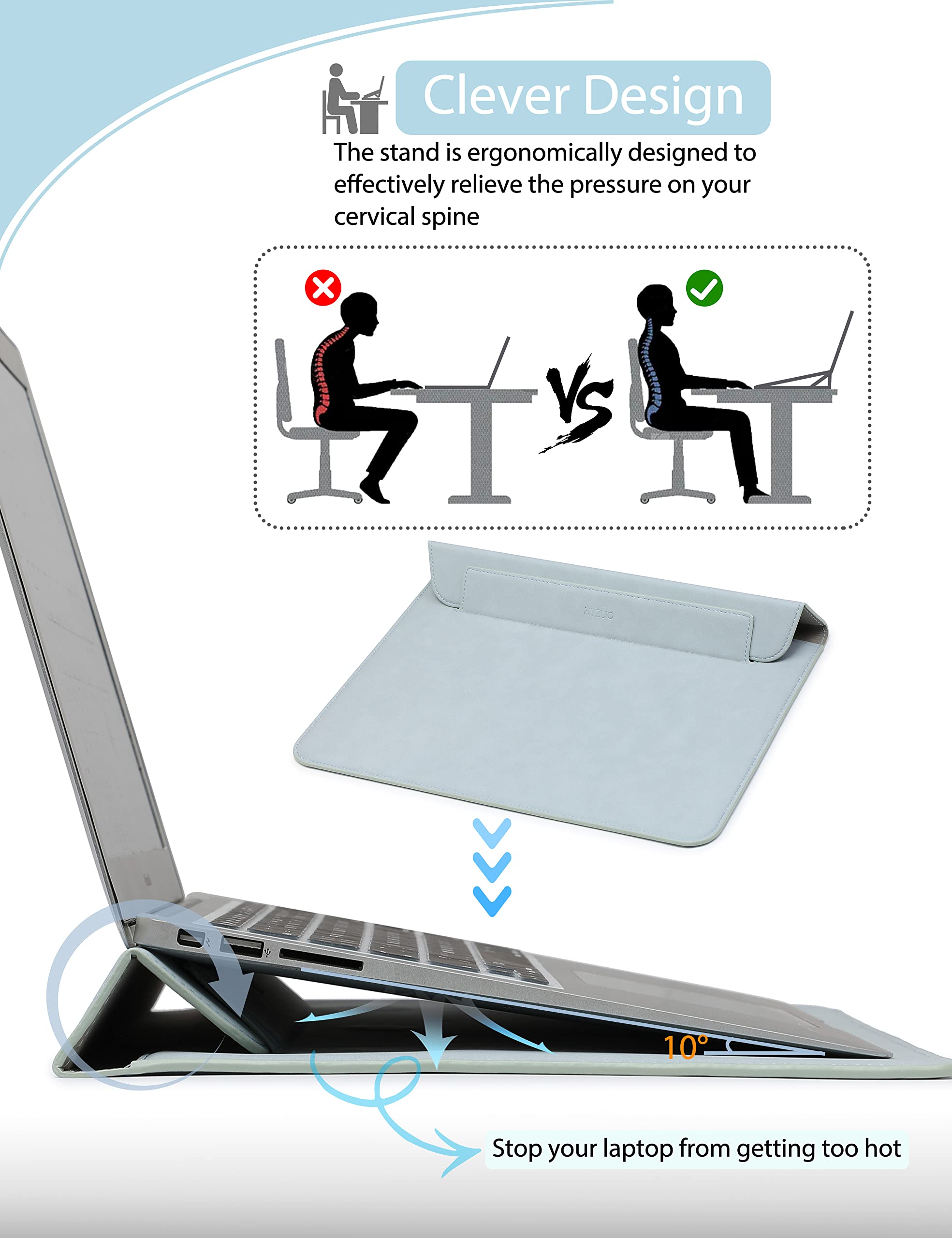HYZUO 13.3-14 Inch Laptop Sleeve with Stand - Compatible with MacBook Pro 14 M2/M1 (2021-2024), MacBook Air 13 (2012-2017) - Protective Case with Accessory Bag in Pale Blue - Perfect for Work, Travel & School