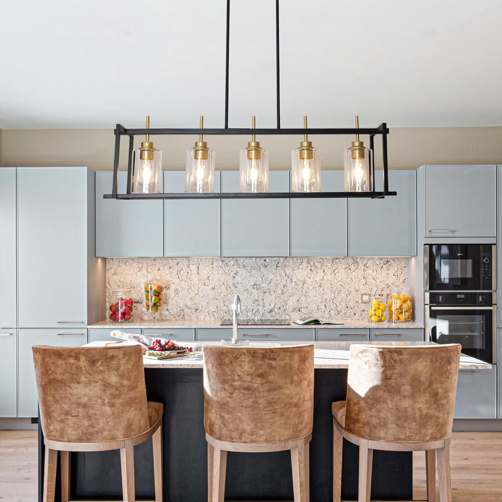 DSMJFU Farmhouse Chandelier - 5-Light Black & Gold Rustic Rectangular Pendant Light for Kitchen Island & Dining Room | Perfect Over Tables & Breakfast Bars | Creates Cozy Farmhouse Ambiance