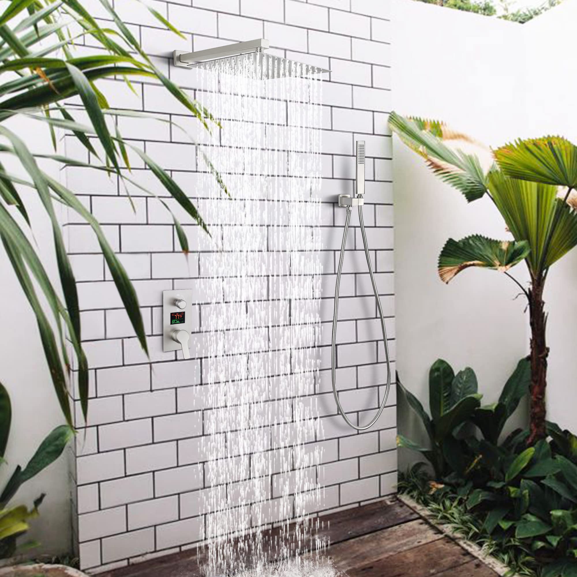 SKWOLL Brushed Nickel Shower Faucet Set - 12 Inch Wall Mount Rain Shower Head with Digital LCD Display & 2 Function Valve Kit | Modern Bathroom Upgrade for Spa-Like Experience