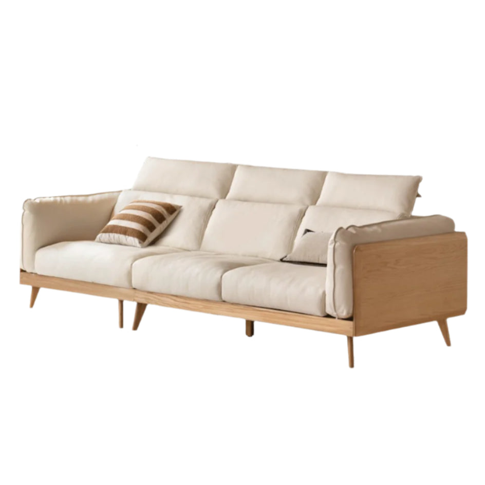 104.3x42.5x33.4 inch / 265x108x85 cm / Natural wood color / three-seater ecological cloud skin chrysanthemum white