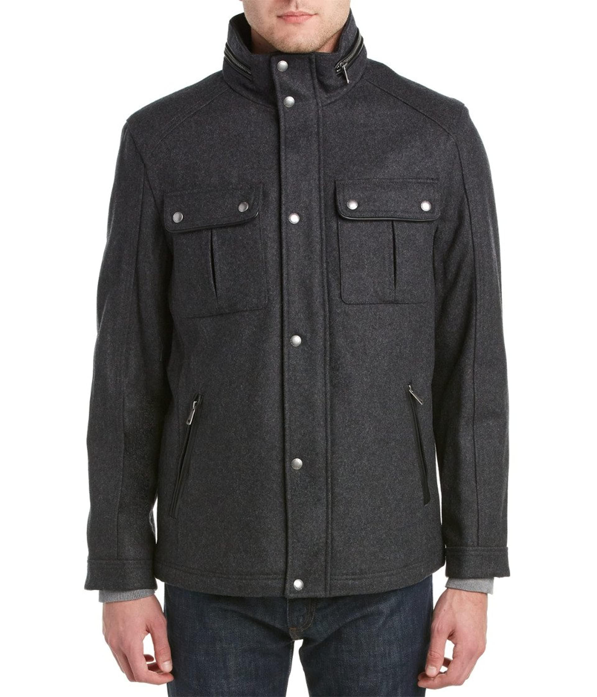 Cole Haan Men's Wool Melton Stand Collar Jacket with Patch Pockets - Classic Winter Coat for Business Casual & Outdoor Activities