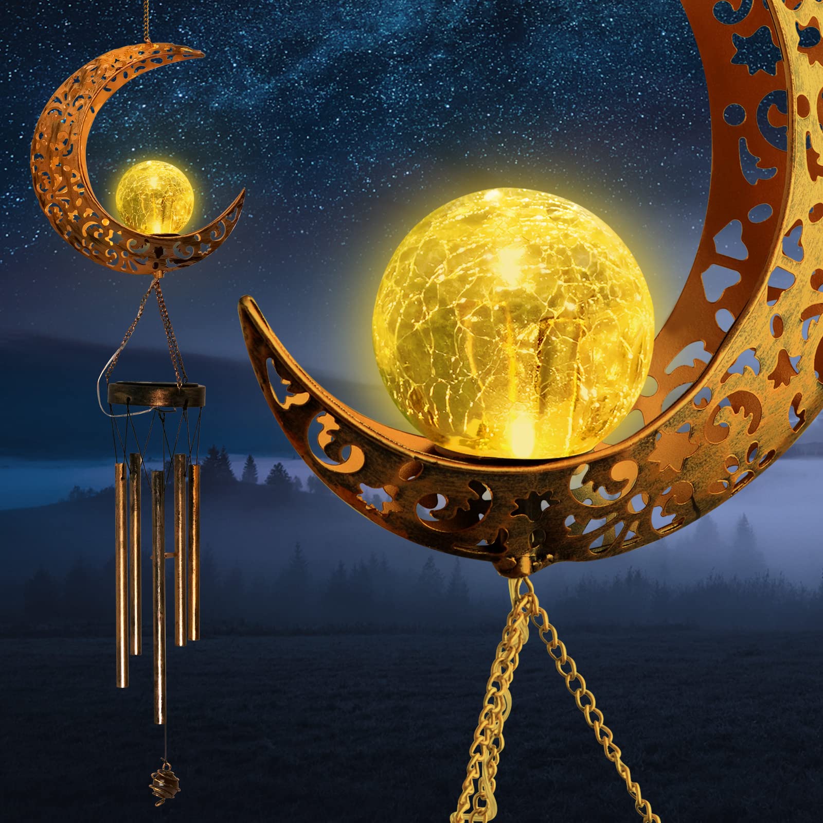 Solar-Powered Moon Wind Chimes - Outdoor Decorative Lights for Garden, Patio, Yard & Porch | Perfect Gift for Women, Mom, Grandma Birthday | Romantic Nighttime Ambiance & Gardening Decor