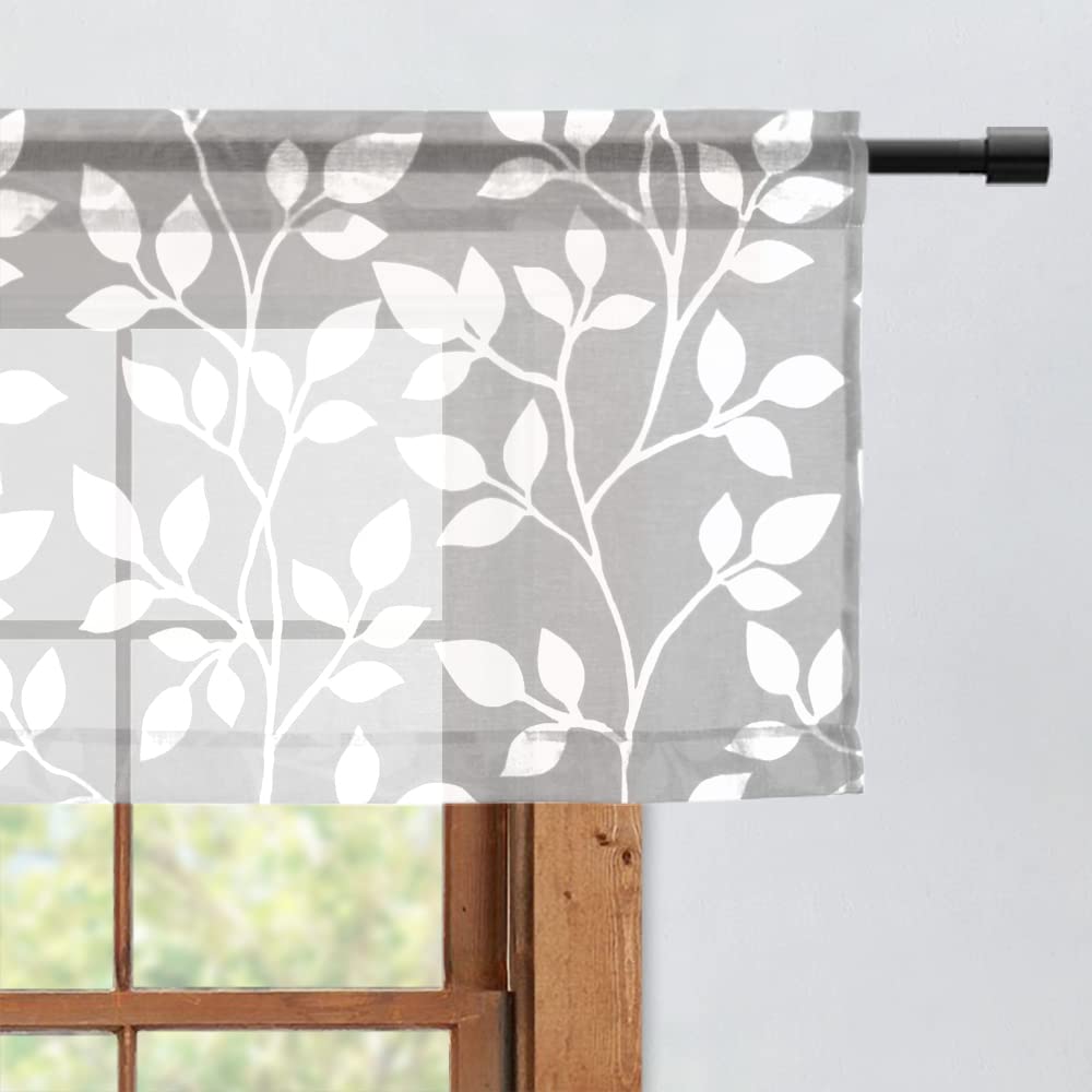 XTMYI 18 Inch Sheer Kitchen Curtain Valances Set - Tropical Leaf Design Rod Pocket Window Toppers for Living Room, Bedroom, Bathroom (Light Gray/White, Valance Only, 1 Pack) - Perfect for Small Windows & Coastal Decor