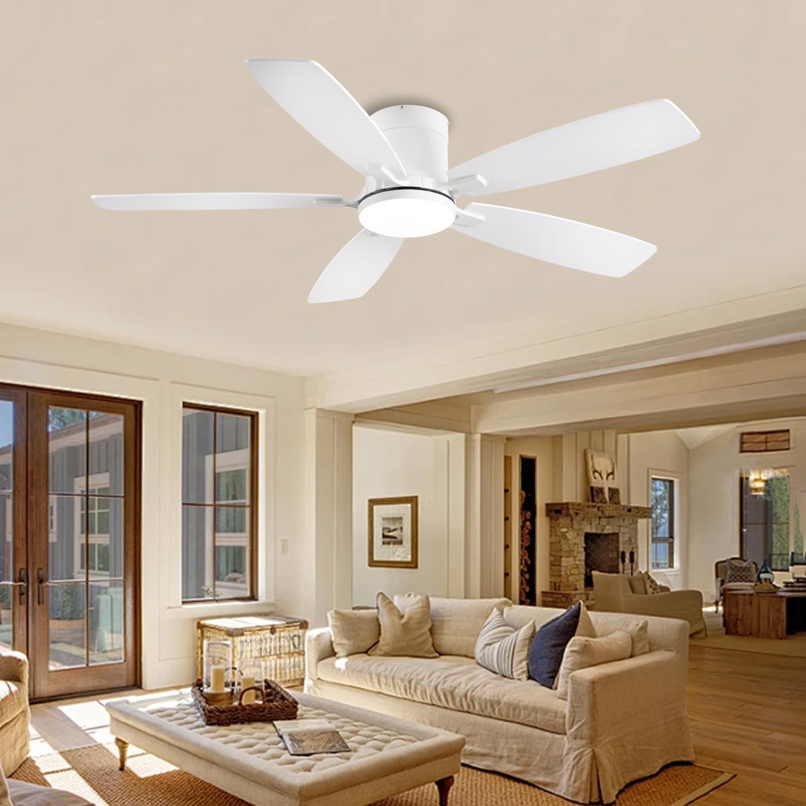 52 Inch White Ceiling Fan with Light Kit & Remote Control - Low Profile Flush Mount, Reversible Dimmable Motor, Ultra Quiet - Perfect for Bedroom, Living Room, Indoor/Outdoor Use