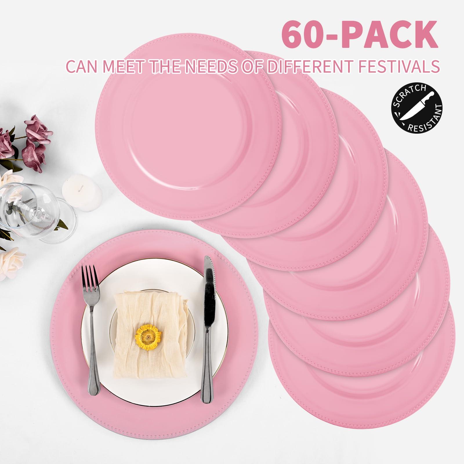 YMHPRIDE 60 Pack Pink Plastic Reusable Dinner Charger Plates, 13'' Round Beaded Chargers for Elegant Dining - Perfect for Weddings, Formal Events, Bridal Showers, Banquets & Home Decor