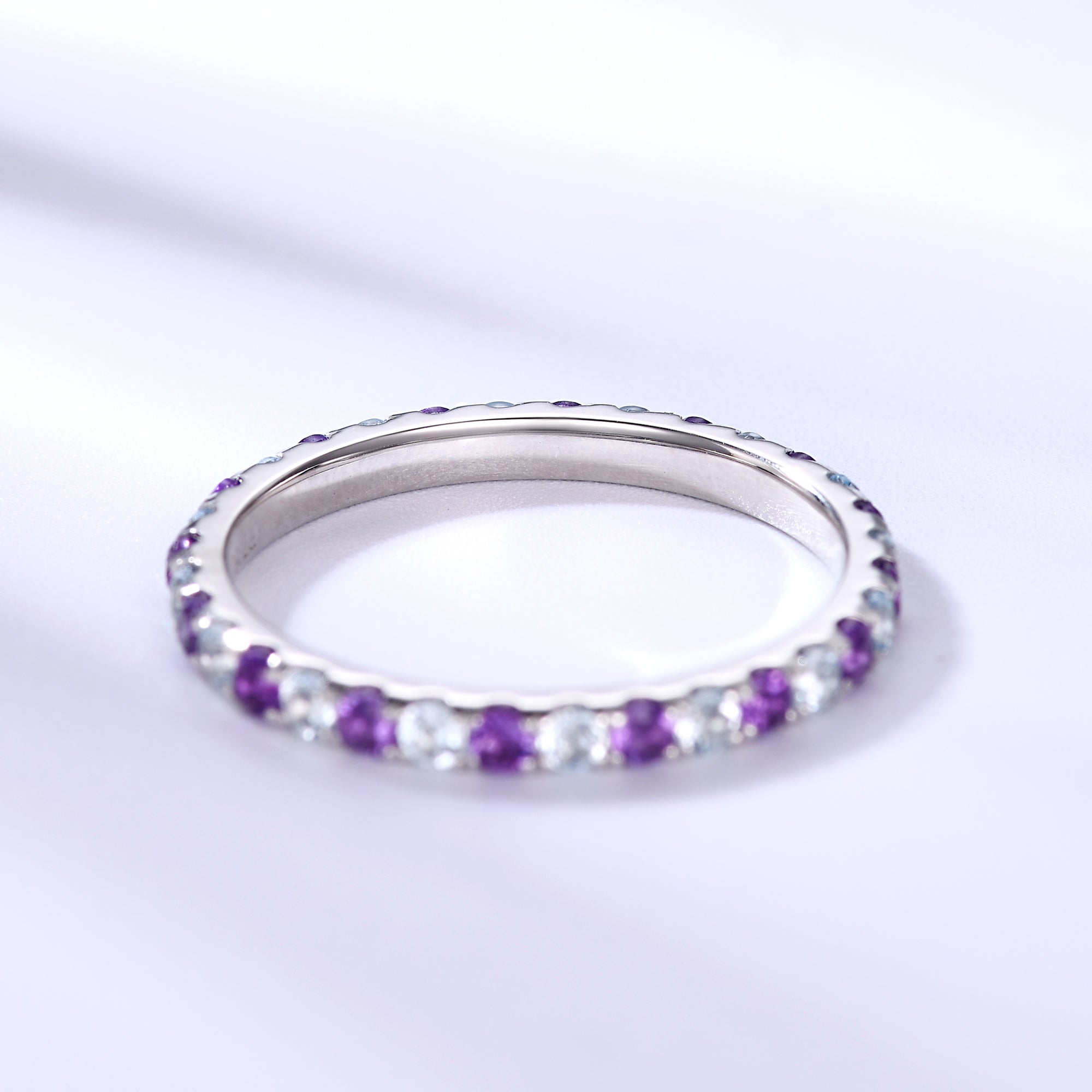 2mm Amethyst & Blue Topaz Wedding Ring - 14K White Gold Birthstone Eternity Band for Women - Perfect for Anniversary, Engagement & Valentine's Day Gifts