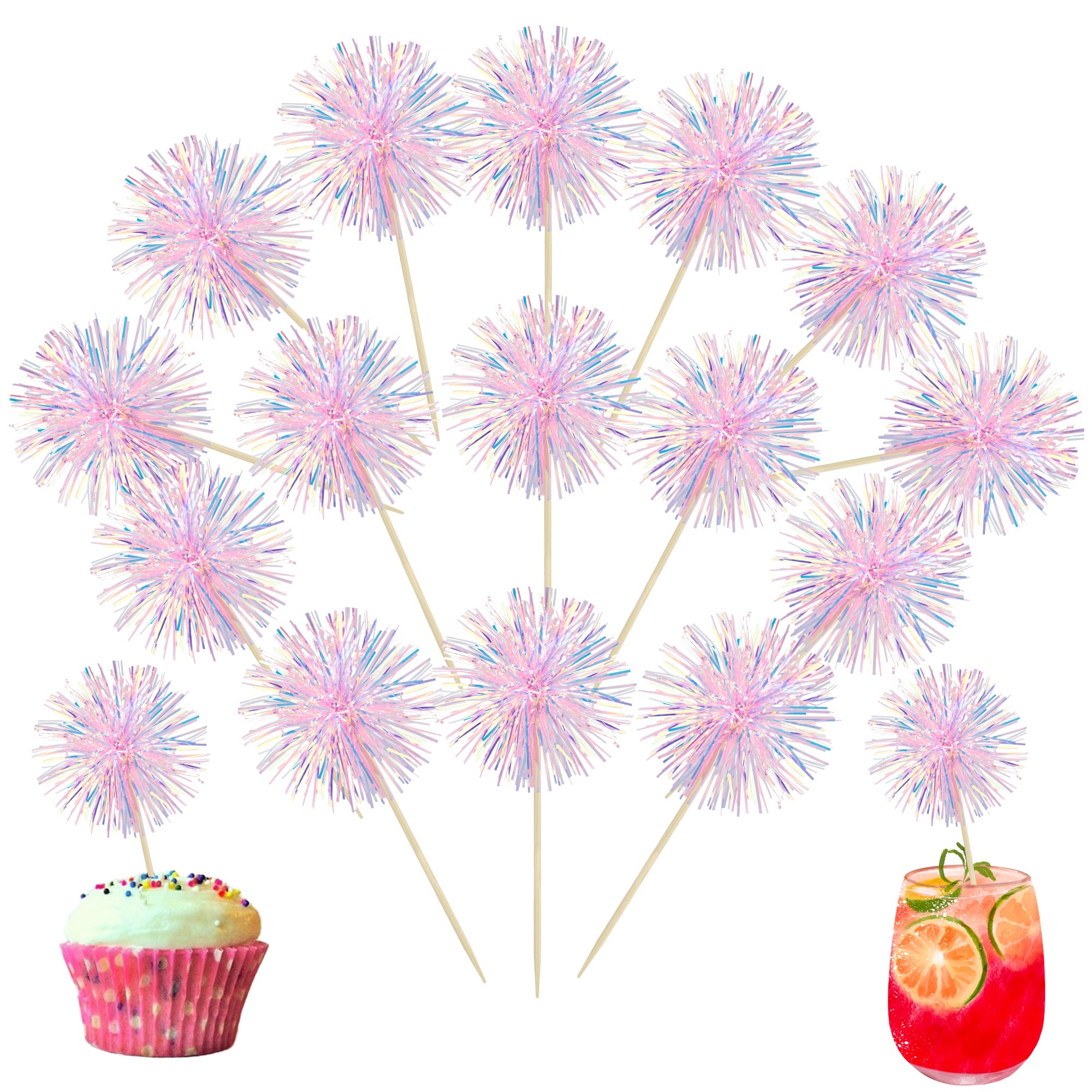 Ephlyn 30Pcs Foil Firework Cupcake Toppers - Happy Birthday Cake Decorations, Tinsel Flower Drink Stirrers, Cocktail & Fruit Toothpicks for Valentine's Day, Baby Shower, Wedding & Party Decor (Pink) - Perfect for Dessert Tables, Cocktail Bars & Festive Celebrations