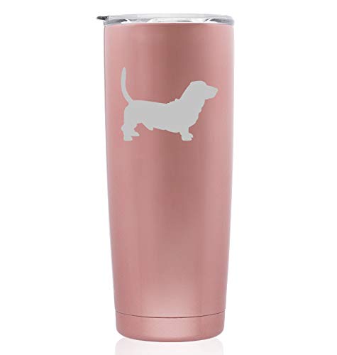 Rose Gold Double Wall Vacuum Insulated Stainless Steel Tumbler - 20oz Skinny Travel Mug with Basset Hound Design | Keeps Drinks Hot/Cold for Hours | Perfect for Coffee, Tea & On-the-Go Use