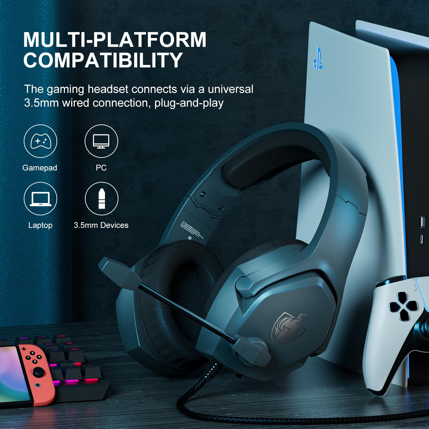 PHOINIKAS 7.1 Stereo Gaming Headset with Noise Cancelling Mic - Wired Over-Ear Headphones for PC, PS4, PS5, Xbox Series X/S & Nintendo Switch (Grey) - Perfect for Competitive Gaming, Streaming & Online Chat