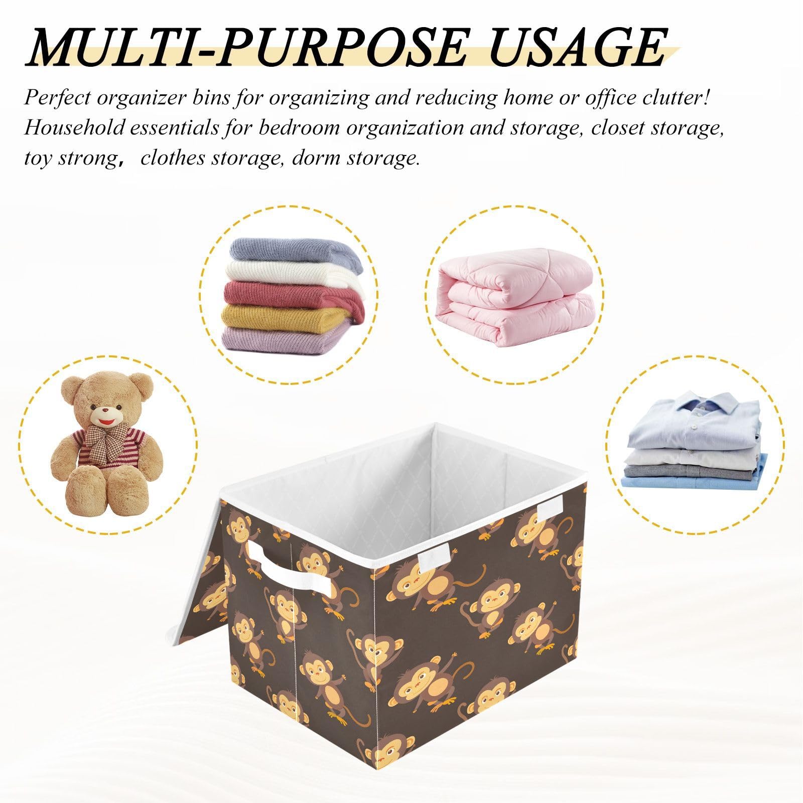 Monkey Print Fabric Foldable Storage Bins with Lids - Collapsible Closet Organizer Baskets for Bedroom, Office & Home Organization | Perfect for Toys, Clothes & Seasonal Storage