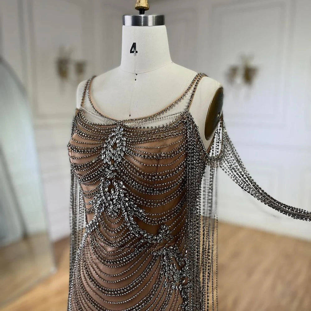 Luxury Crystal Tassel Evening Dress for Women - Dubai Caramel Wedding Prom Gown with Spaghetti Straps | Formal Party Dress LA72468 | Perfect for Weddings, Galas & Special Occasions