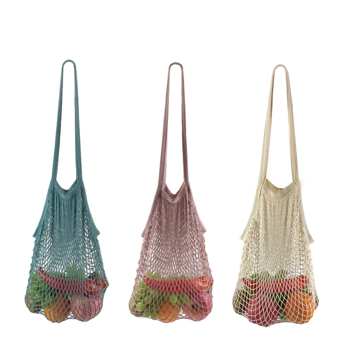 Eco-Friendly Reusable Cotton Mesh Grocery Bags with Long Handles - Breathable Produce Storage Tote for Fruits, Vegetables & Shopping - Perfect for Farmers Market, Grocery Trips & Zero-Waste Lifestyle