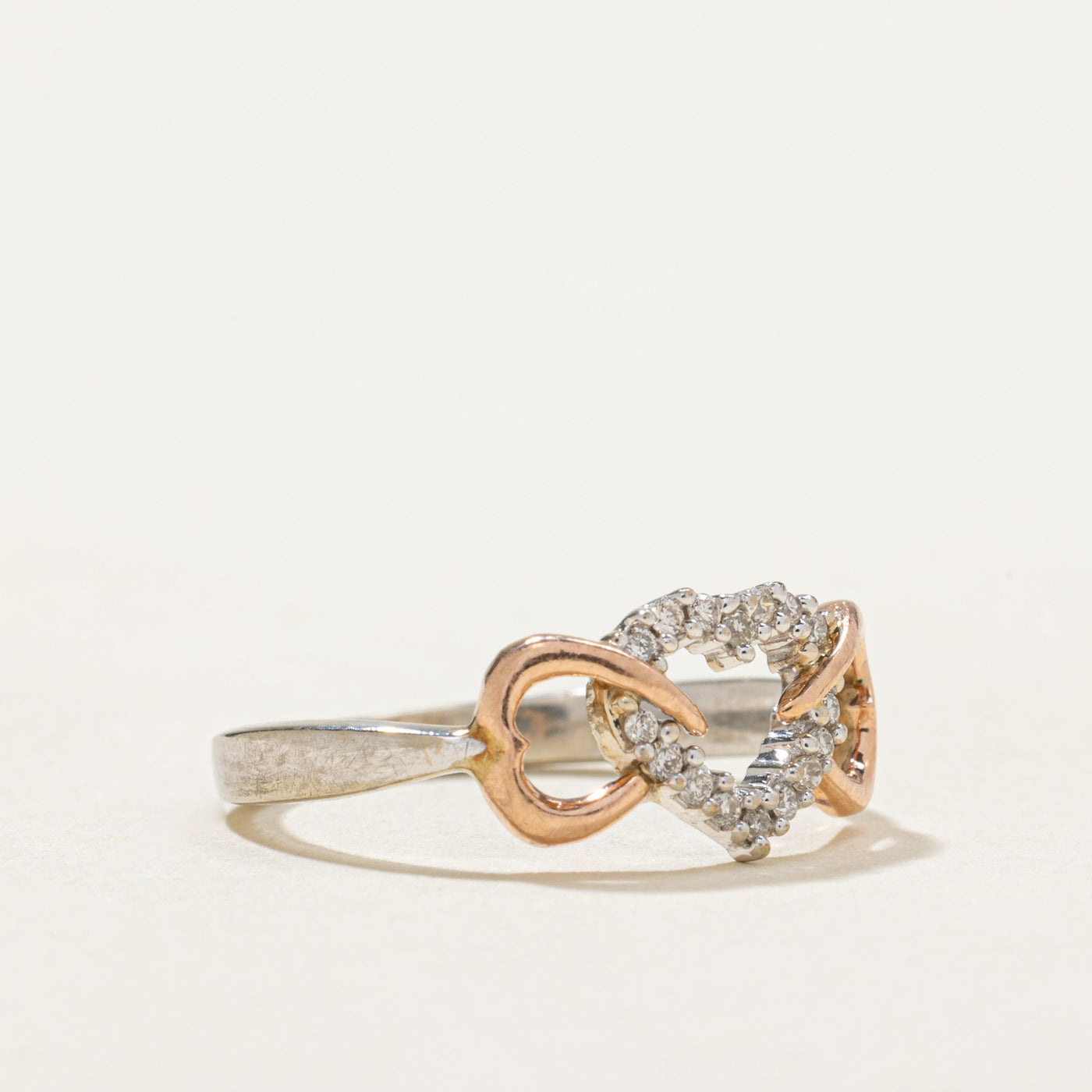 10K Two Tone Gold Diamond Triple Heart Ring | 0.05ctw | Size 4.75 | Elegant Valentine's Day Gift, Anniversary Jewelry, Romantic Proposal Ring for Her
