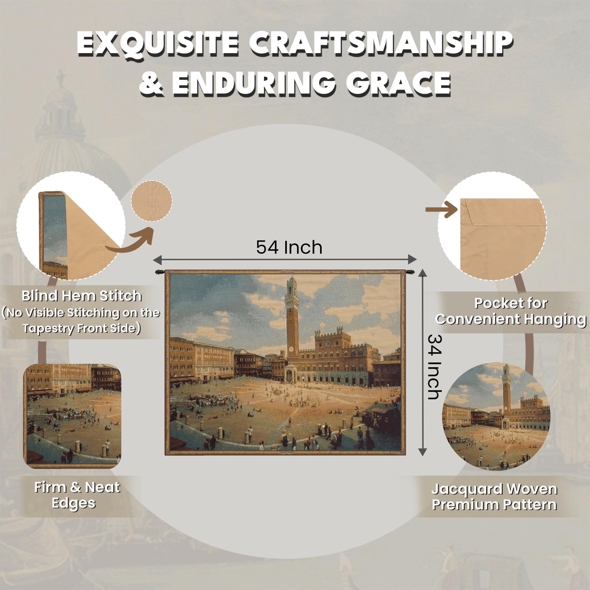 Charlotte Home Furnishings Siena Square Italian Tapestry Wall Art 38x54 Inch - Viscose Cotton Polyester Blend Wall Hanging for Living Room, Bedroom & Dining Room Decor - Elegant European Home Decor Gift