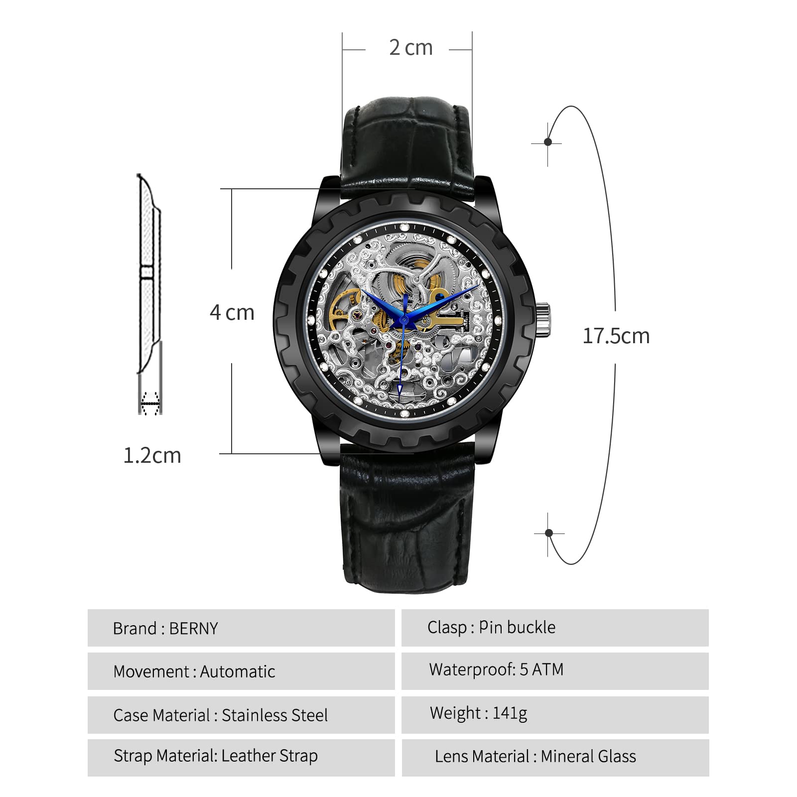 BERNY Men's Automatic Mechanical Skeleton Luxury Dress Watch - Gold Stainless Steel Case, Silver Dial, Black Leather Band, Luminous Markers, 5ATM Waterproof, Exhibition Back | Perfect for Business, Formal Events & Gift Giving