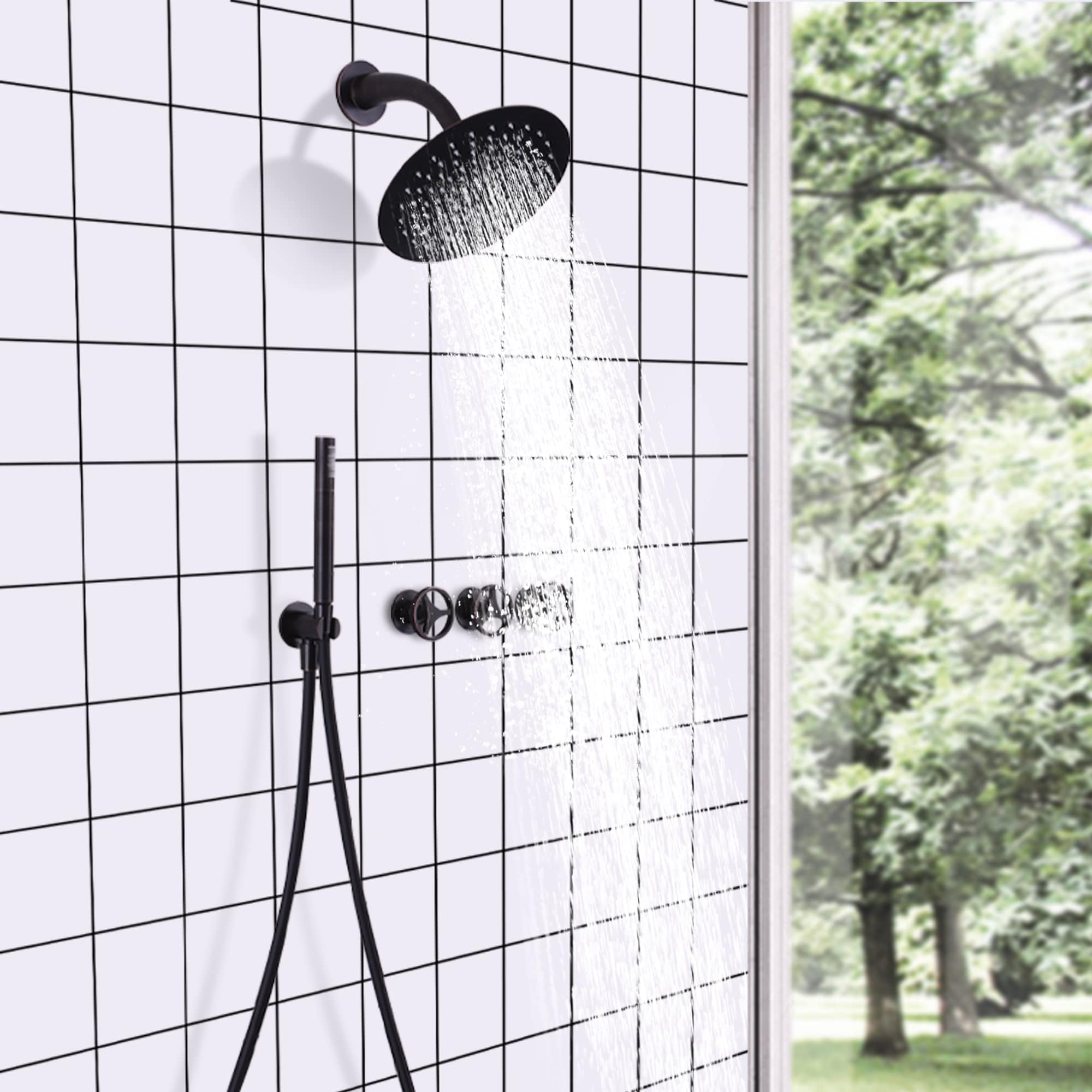SKOWLL 10 Inch Black Rainfall Shower Faucet Set - 3 Handle Wall Mount Shower System with 2 Function Valve, Oil Rubbed Bronze Finish | Perfect for Modern Bathroom Renovation & Spa-Like Shower Experience