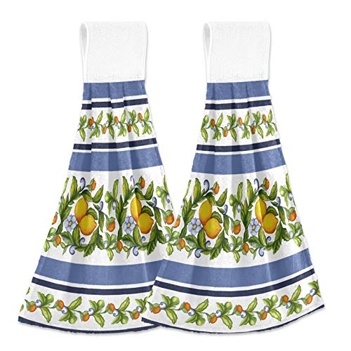 Blue Lemons Kitchen Hanging Hand Towels - 2 Pack Absorbent Cotton Dish Towels with Loops for Drying Hands & Dishes | Floral Fruit Design for Kitchen, Bathroom, Restroom Decor | Perfect for Fall Home Decor & Hostess Gifts