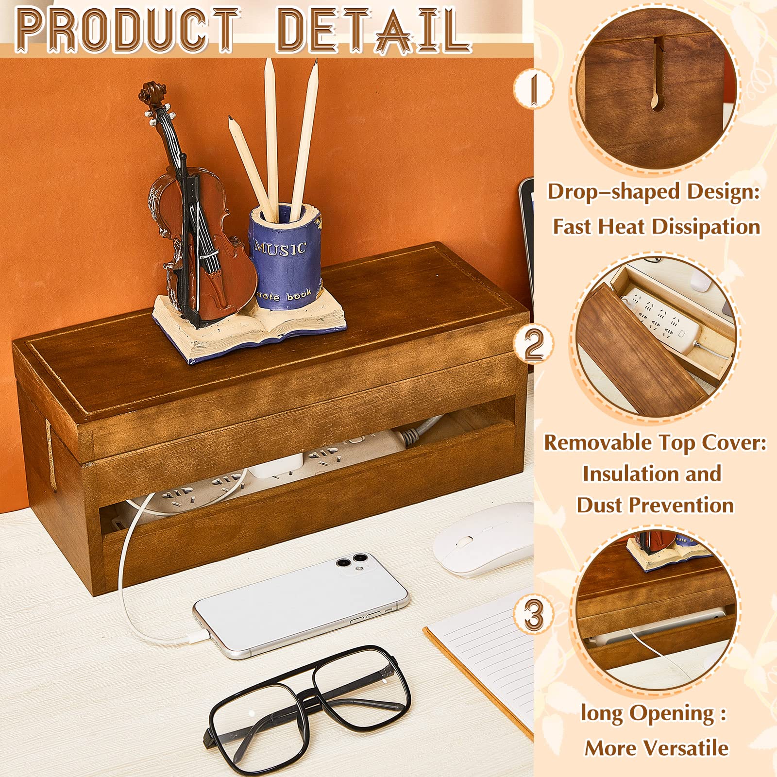 Hoteam 48 Pcs Wooden Cable Management Box Set - Cord Organizer, Power Strip Holder with Adhesive Clips & Sleeves for Home Office Desk (Brown, Large) - Perfect for Organizing Wires Under Desk & TV Stand