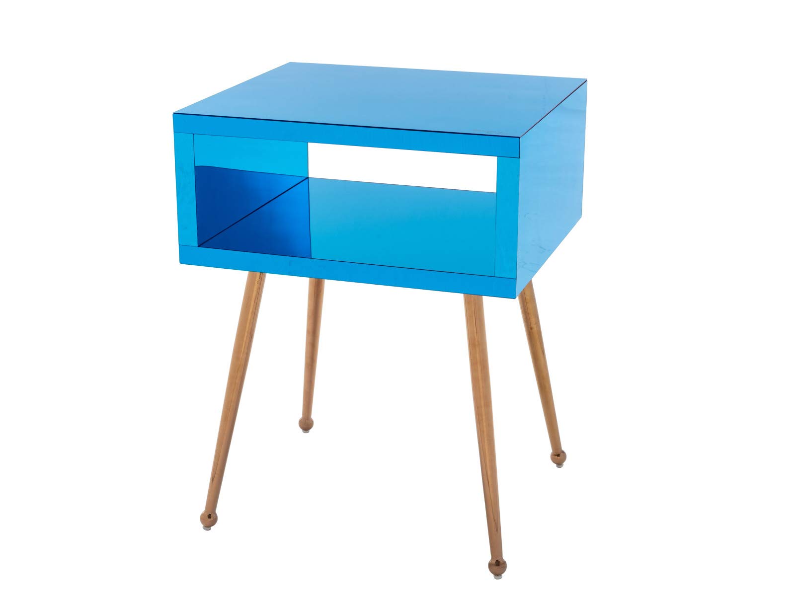 Mid Century Modern Mirrored End Table with Storage - Elegant Acrylic Nightstand with Open Shelf & Stainless Steel Legs - Small Accent Table for Bedroom, Living Room, Office, or Small Spaces (Blue) - Perfect for Storing Books, Lamps & Bedside Essentials