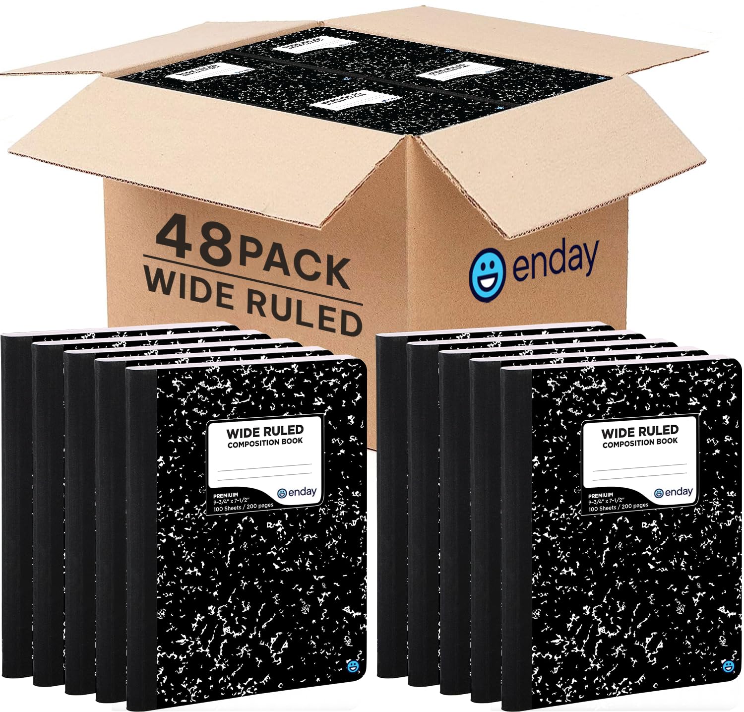 Enday Wide Ruled Composition Notebooks - 100 Sheets, Marble Hard Cover, Bulk Pack of 48 for School, College, Office & Journaling - Perfect for Note Taking, Homework & Professional Work