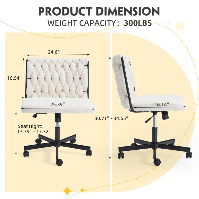 EROMMY Criss Cross Armless Rolling Office Chair - Height Adjustable Desk Chair for Home & Office, White - Perfect for Workstations, Bedrooms & Living Rooms