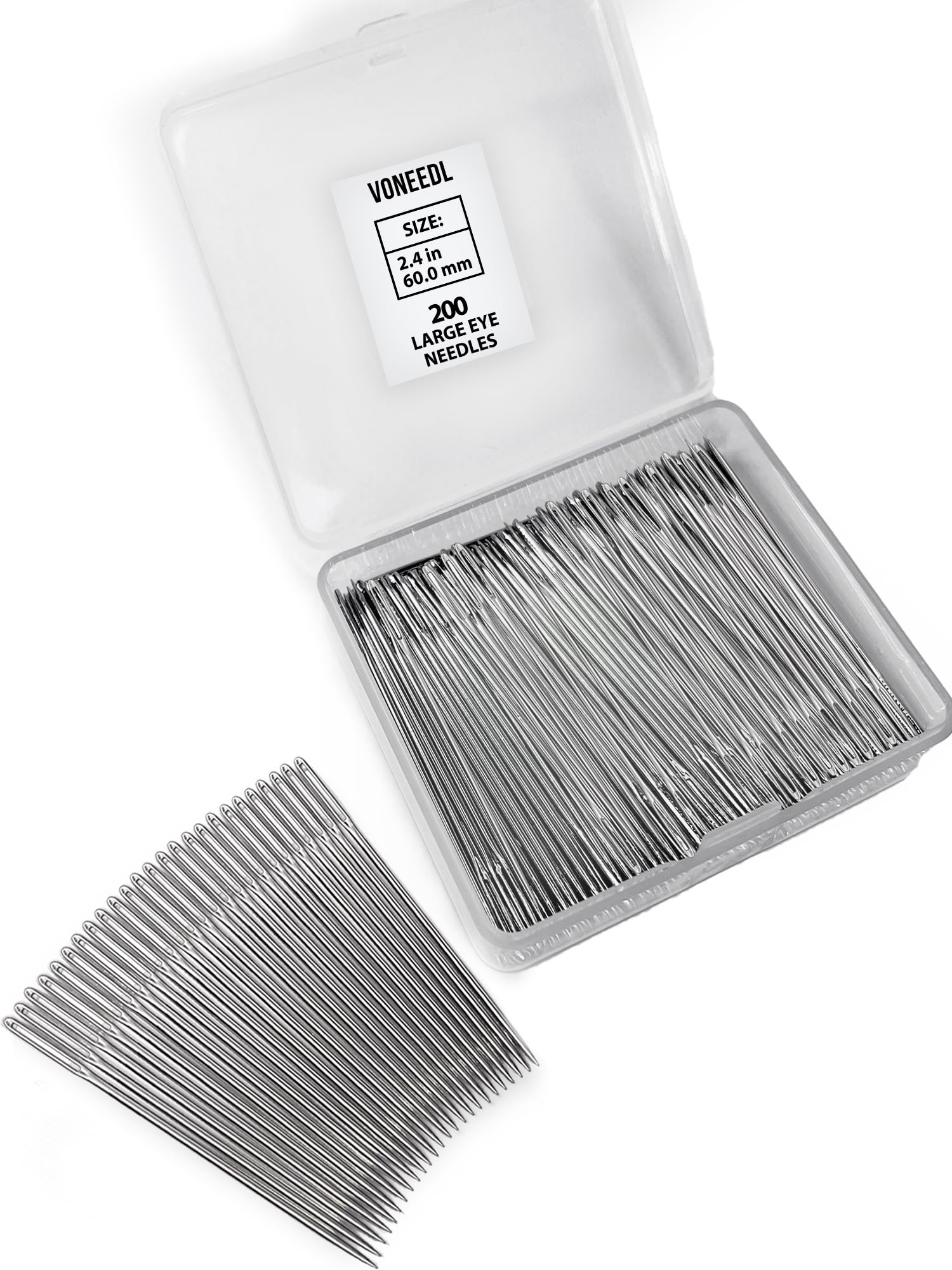 VONEEDL 200-Piece Large Eye Heavy Duty Sewing Needles - 2.4 Inch Big Eye Embroidery Needles Bulk Set - Easy Thread Quilting Needles for Hand Sewing, Crafting & Fabric Projects