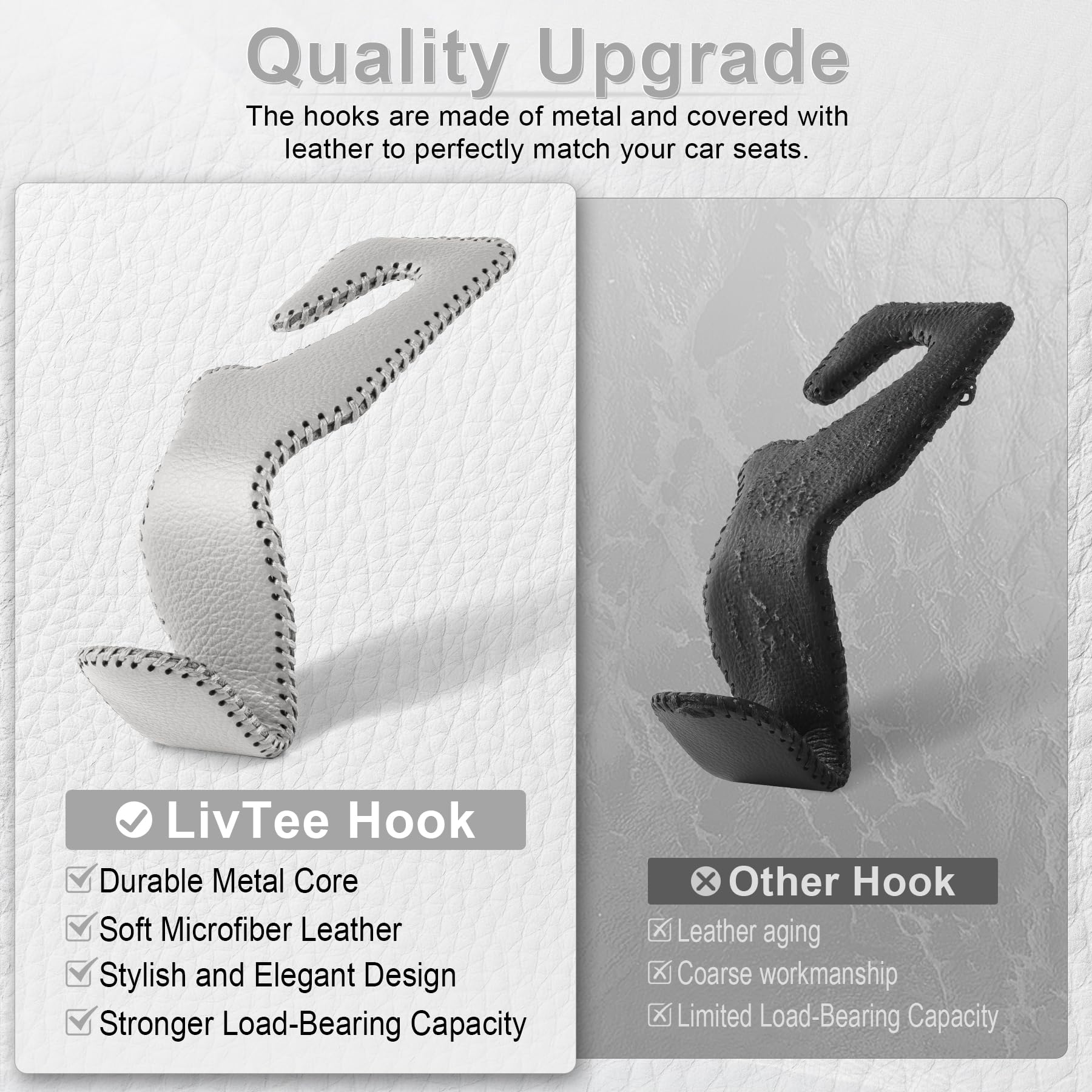 Premium Leather Car Seat Back Hook Hanger - 2 Pack, Gray - Heavy Duty Auto Seat Organizer for Purse, Coat, Umbrella & Grocery Bags - Perfect for Road Trips, Commuting & Shopping