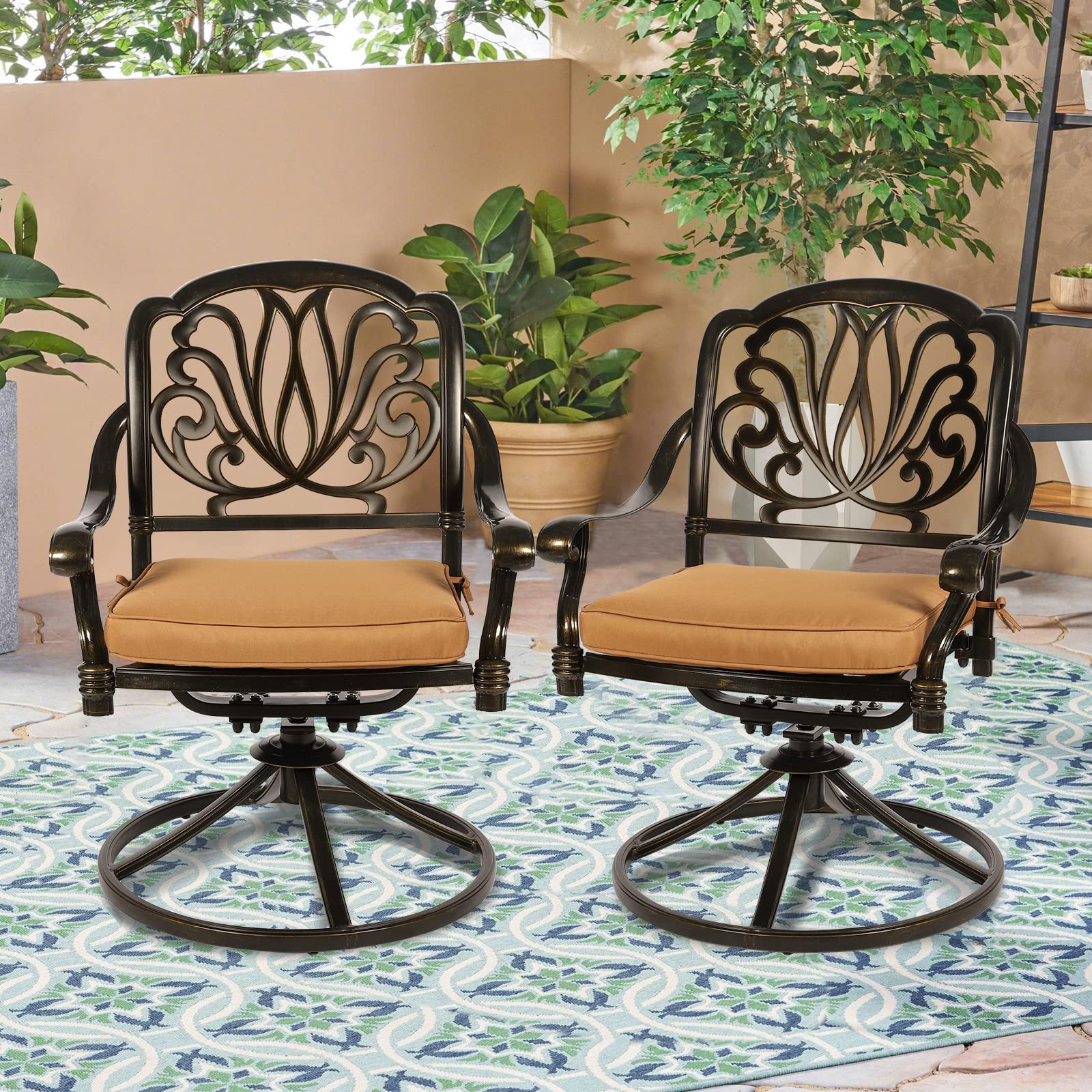 VIVIJASON 2-Piece Outdoor Swivel Bistro Dining Chairs Set - Cast Aluminum Rocking Patio Furniture with Cushions - Perfect for Balcony, Garden, Backyard, Lawn & Poolside Relaxation - Antique Bronze Finish