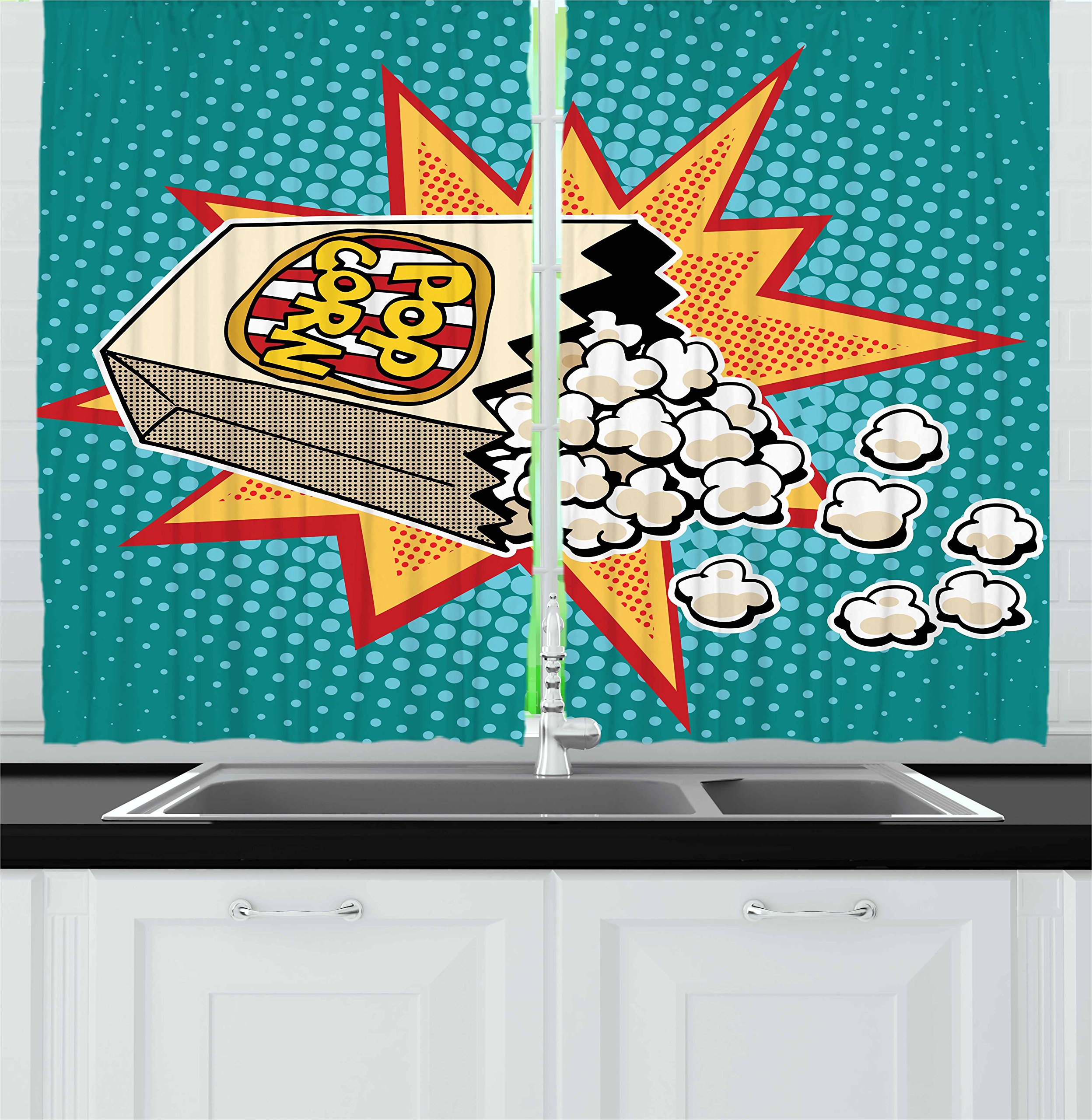 Ambesonne Movie Theater Kitchen Curtains - Retro Popcorn Design Window Drapes for Kitchen & Cafe Decor, 55 x 39 Inch, 2 Panel Set | Perfect for Home Theater Rooms, Cinema Themed Kitchens & Cozy Diner Decorations