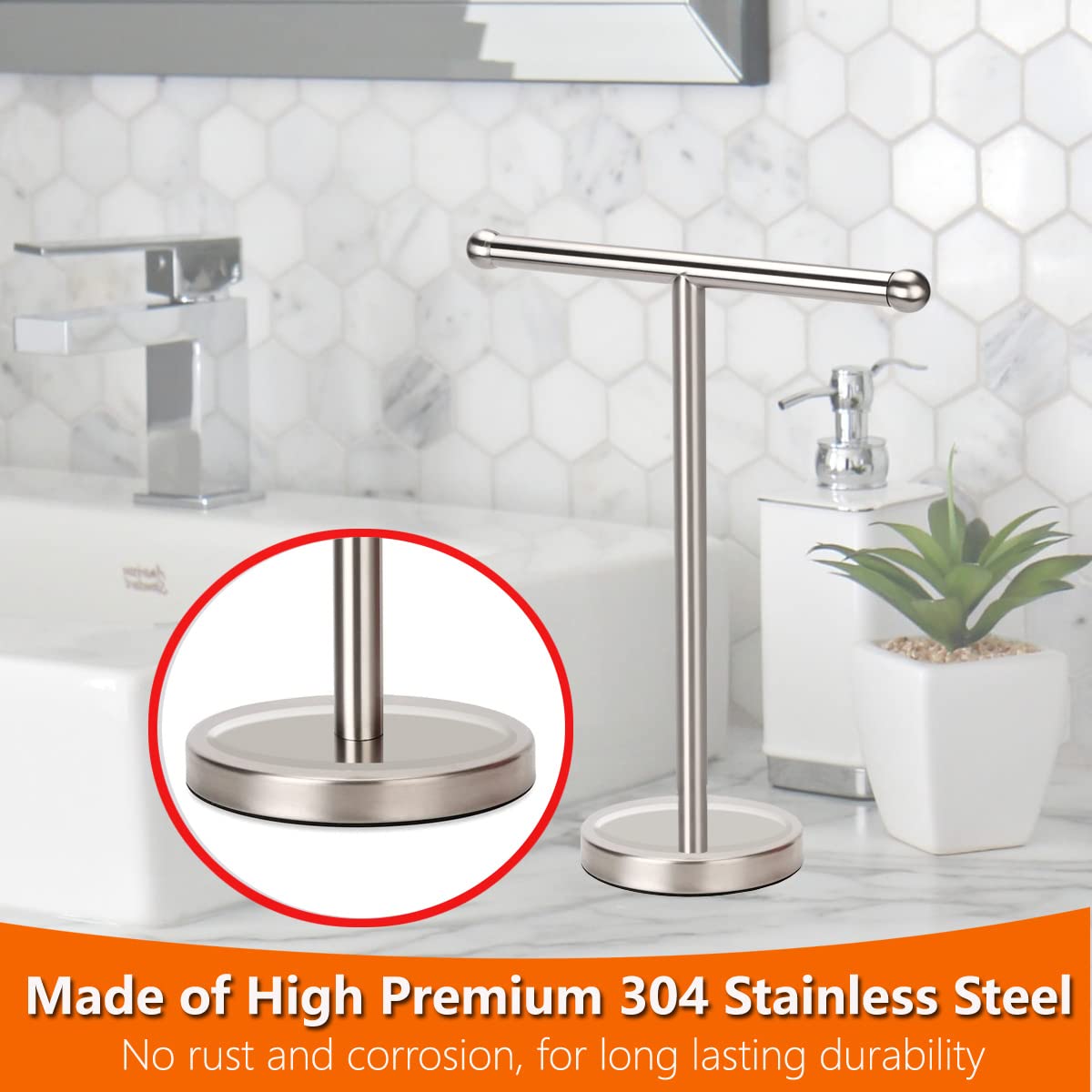 Stainless Steel T-Shape Free Standing Hand Towel Holder Stand with Heavy Base - Brushed Nickel Bathroom Countertop Towel Rack for Kitchen, Bath, Spa & Guest Room Decor