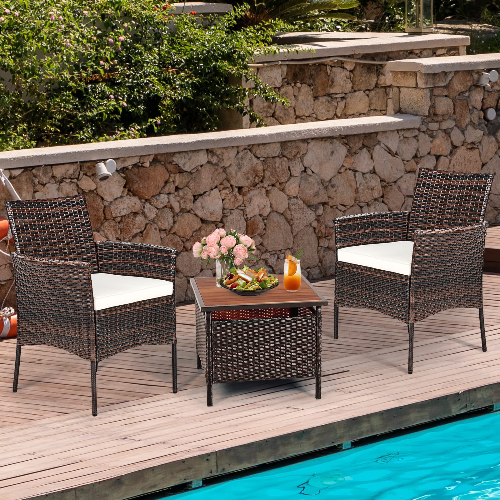 RELAX4LIFE 4-Piece Wicker Patio Chairs Set - PE Rattan Armchairs with Cane Back & Seat Cushions - 360LBS Weight Capacity - Indoor/Outdoor Dining Chairs for Bistro, Porch, Poolside, Garden (Brown+Beige, 4 Pack) - Perfect for Outdoor Entertaining & Relaxation