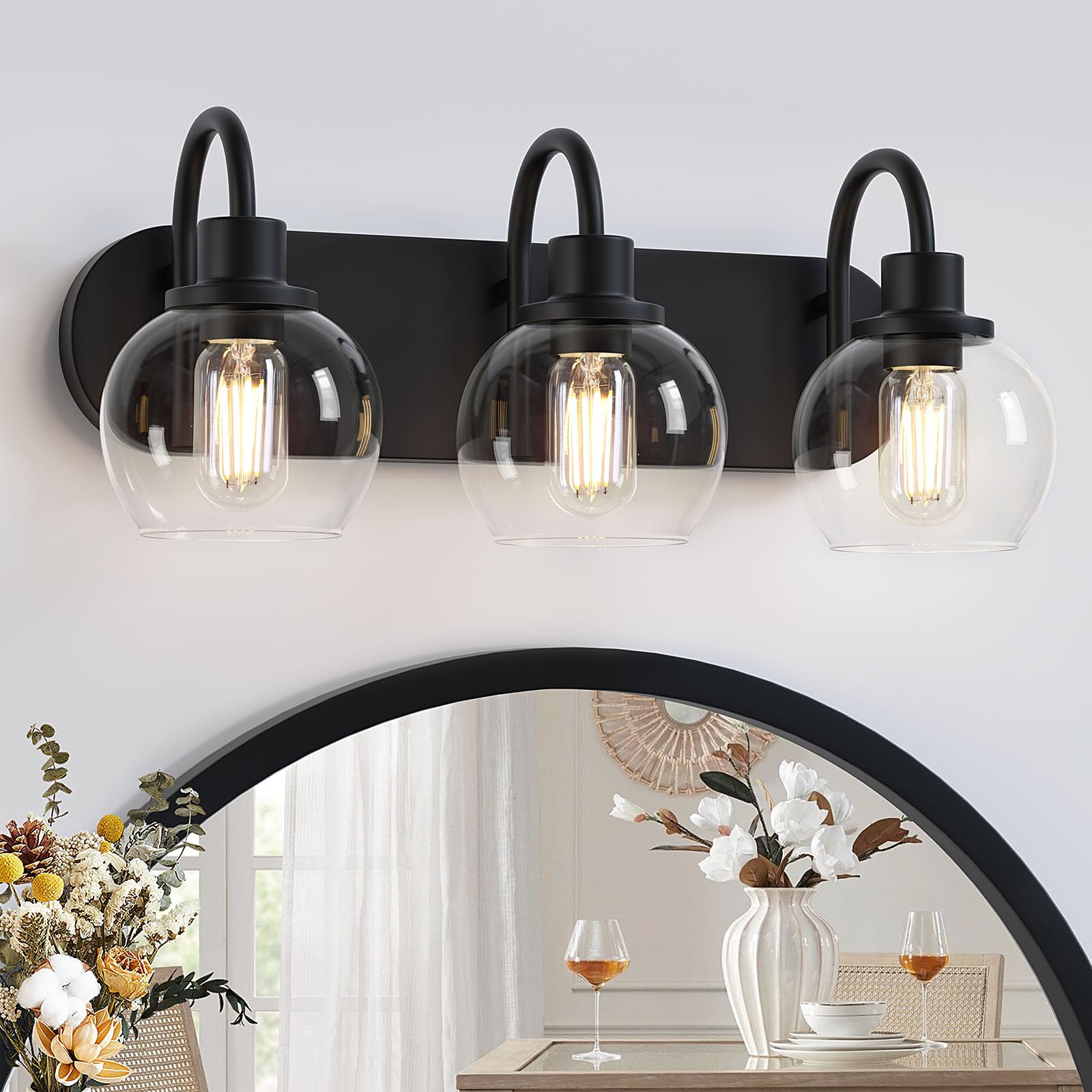 Modern 3-Light Bathroom Vanity Lighting Fixture with Clear Glass Shade & Matte Black Metal Base - Mirror Lighting for Bathroom, Powder Room & Dressing Area
