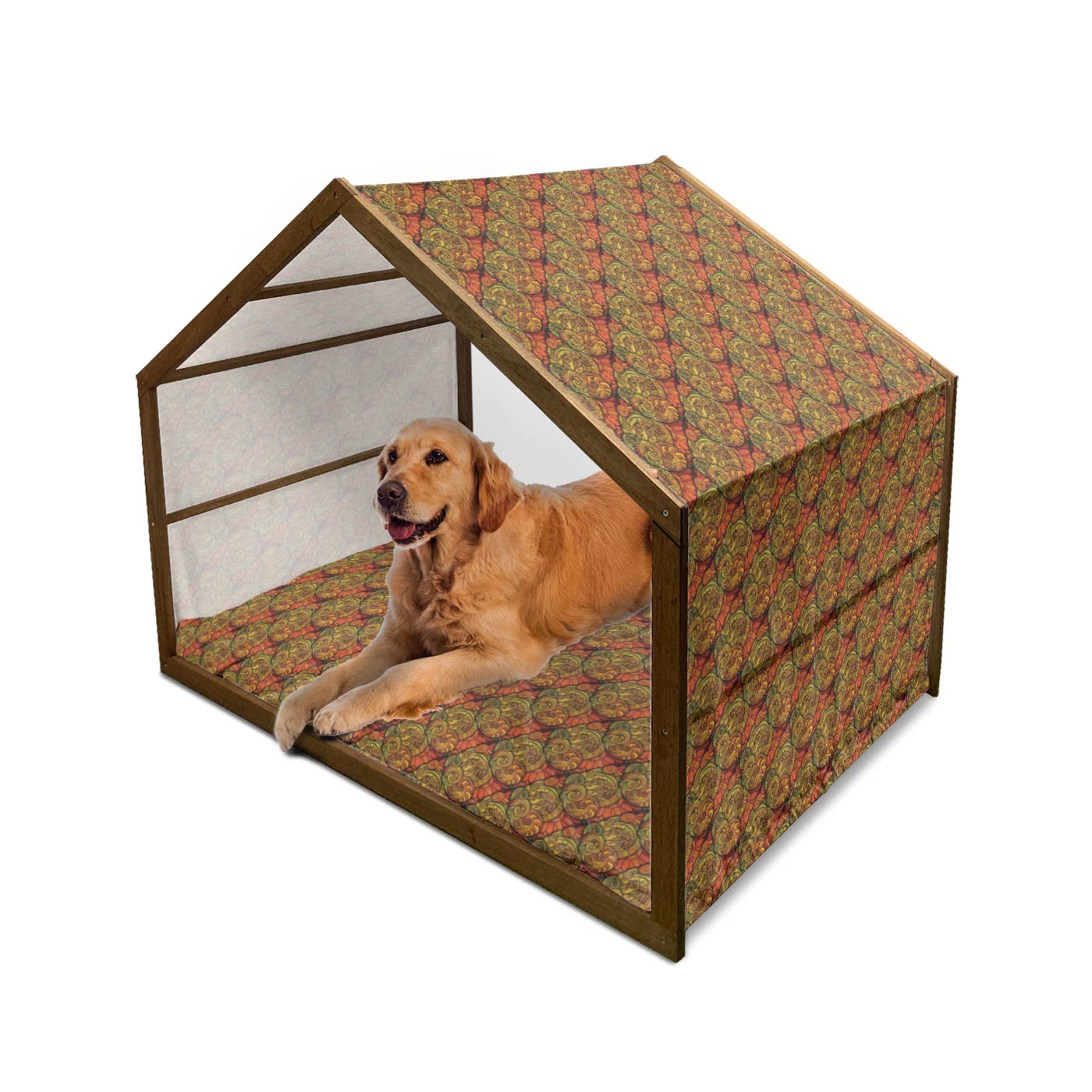 Ambesonne Paisley Wooden Dog House - XL Indoor/Outdoor Portable Pet Kennel with Pillow & Cover, Abstract Floral Design in Reseda Green & Orange | Perfect for Backyard, Patio, or Home Decor