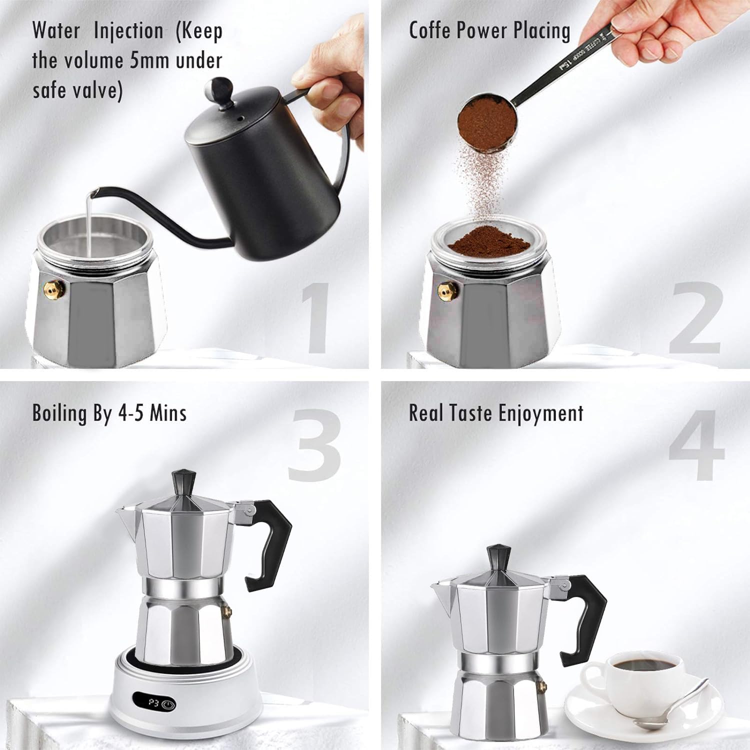 Italian Moka Pot Stovetop Espresso Maker - 3 Cup Silver for Home & Office Brewing