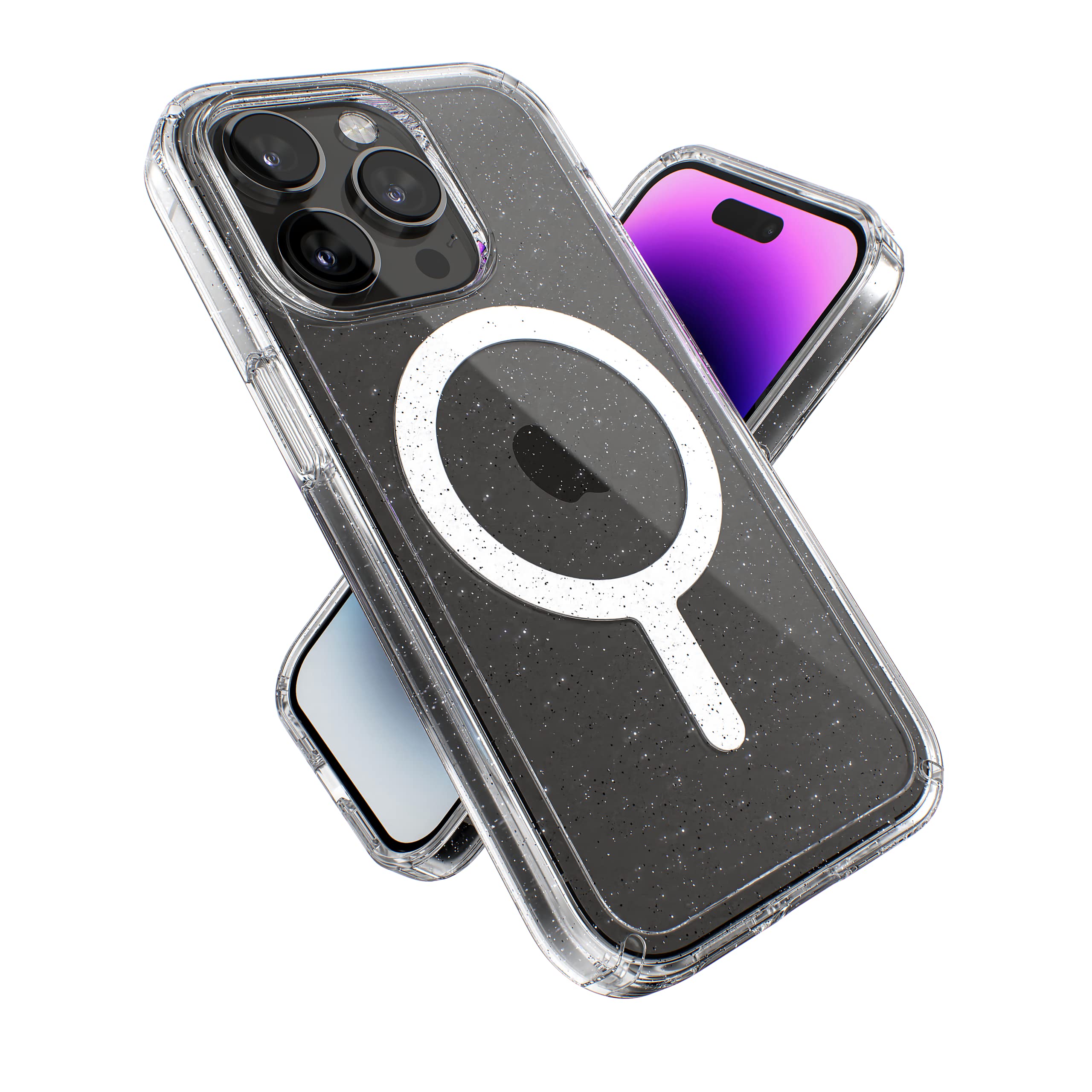 Speck Clear iPhone 14 Pro Case - Slim Protective Cover with MagSafe Compatibility | Scratch & Drop Resistant | Anti-Yellowing Technology | Dual Layer Platinum Glitter GemShell Design | Perfect for Everyday Use, Travel & Work Protection (6.1