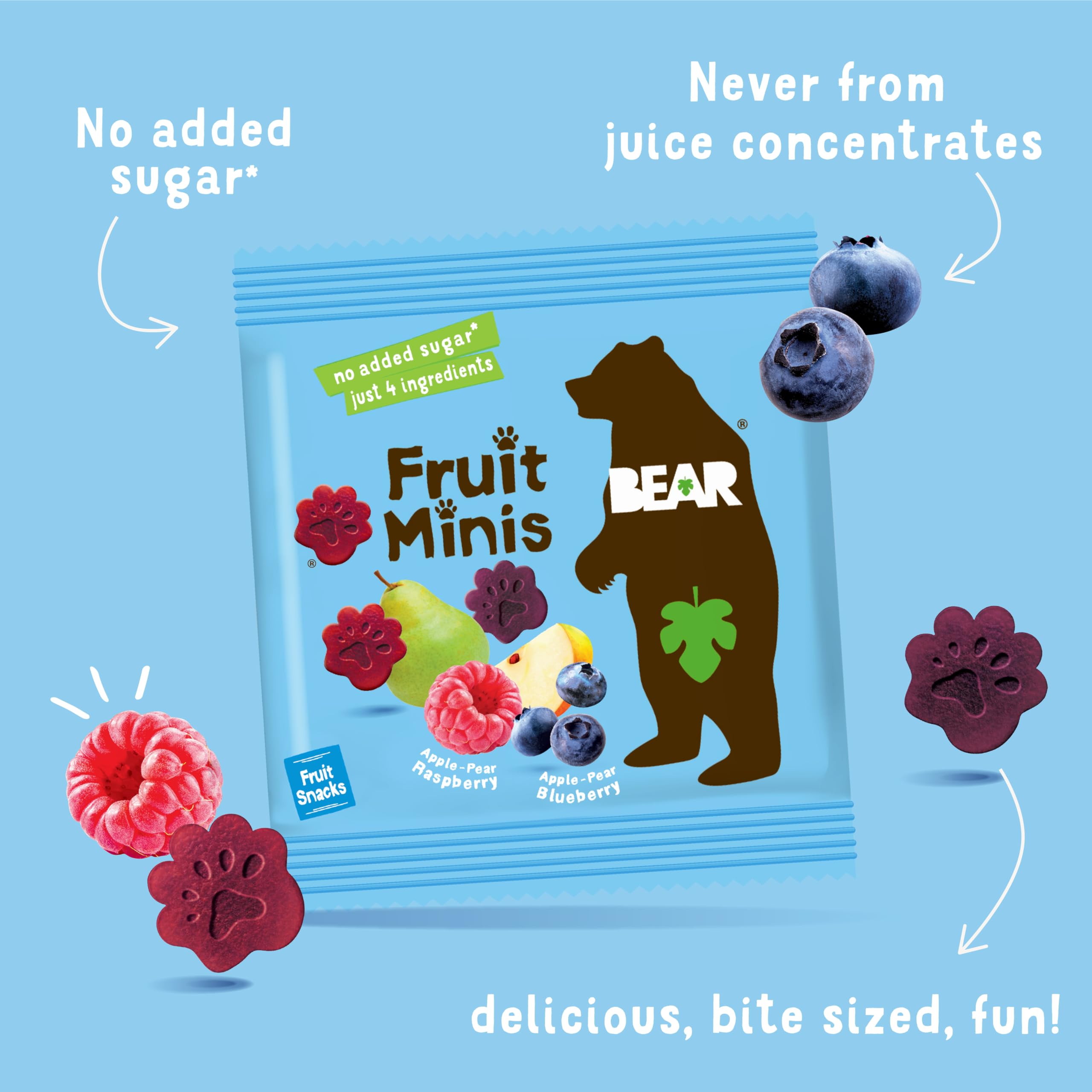BEAR Real Fruit Snack Minis - Raspberry & Blueberry, No Added Sugar, All Natural, Non-GMO, Gluten Free, Vegan, Bite-Sized Healthy Snacks for Kids (3.5 oz) - Perfect for Lunchboxes, After-School Treats & On-the-Go Snacking