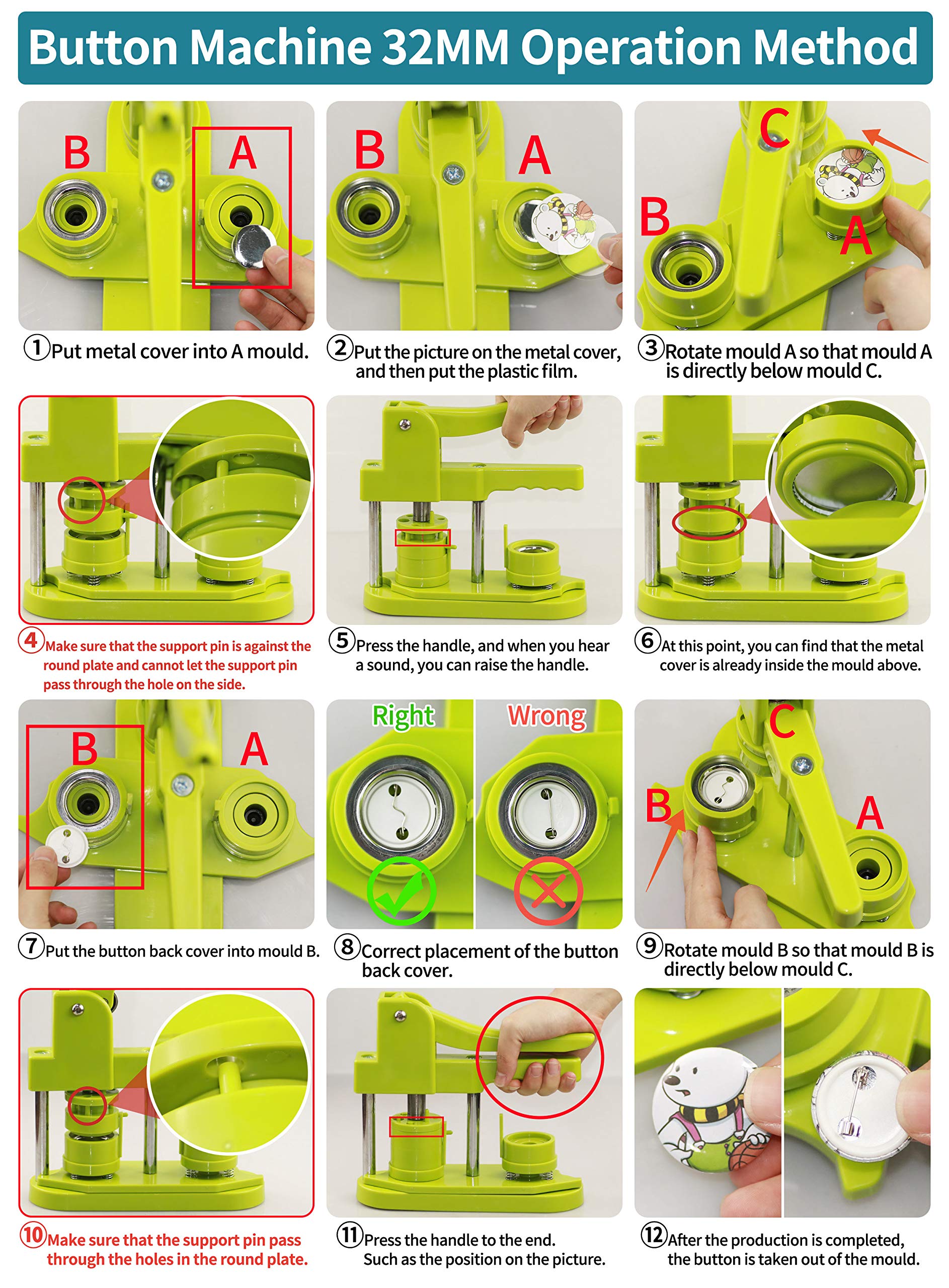 3rd Gen Button Maker Machine - 32mm (1.25 inch) DIY Pin Badge Press Kit with Free 500pcs Button Parts, Pictures & Circle Cutter - No Installation Required for Home, School & Craft Projects