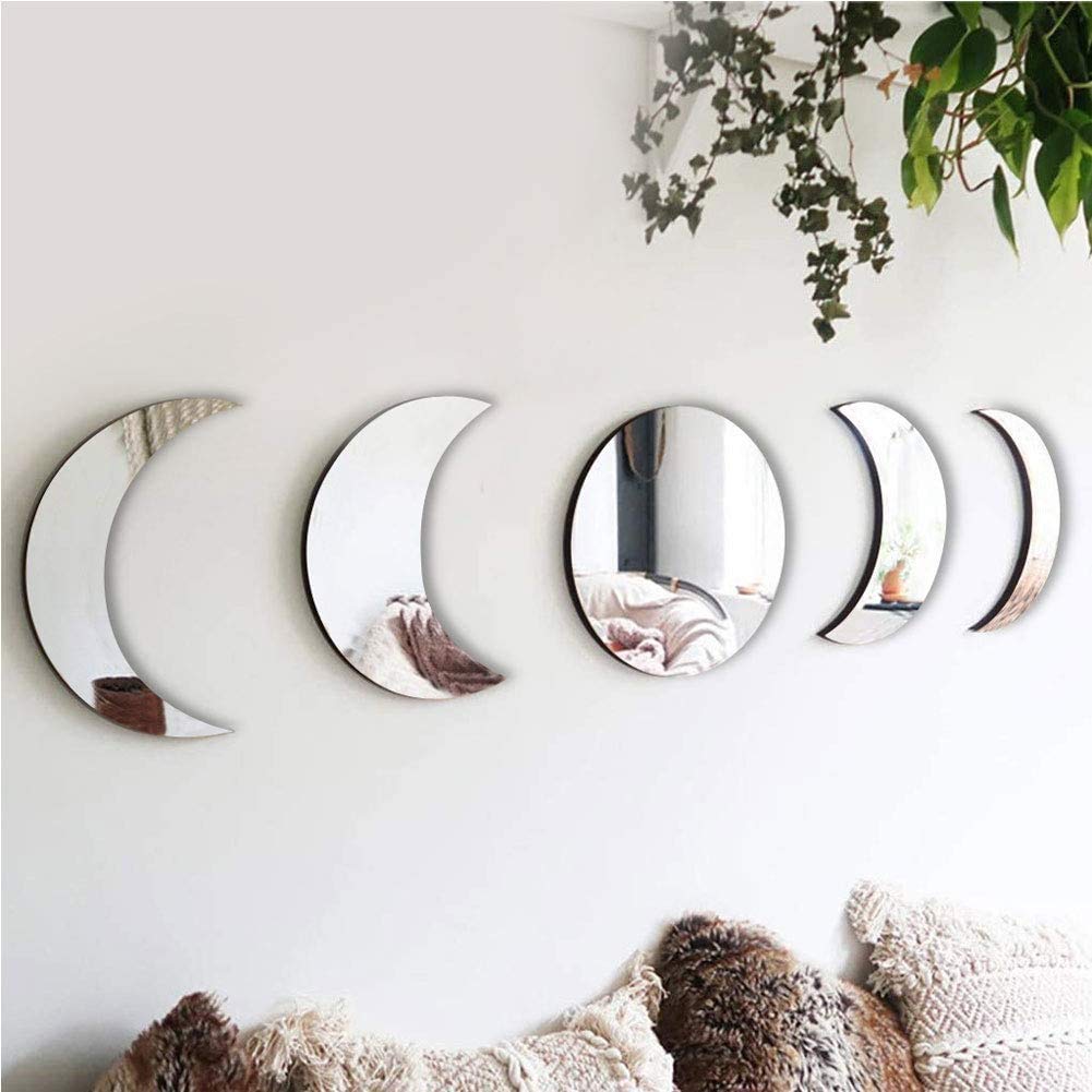 5PCS Removable Acrylic Mirror Set - Nordic Style Wooden Moon Phase Wall Mirror for Home Decor, Self-Adhesive No Drill Hanging, Perfect for Living Room, Bedroom & Office (Light White) - Create Elegant Boho Vibes & Enhance Small Spaces