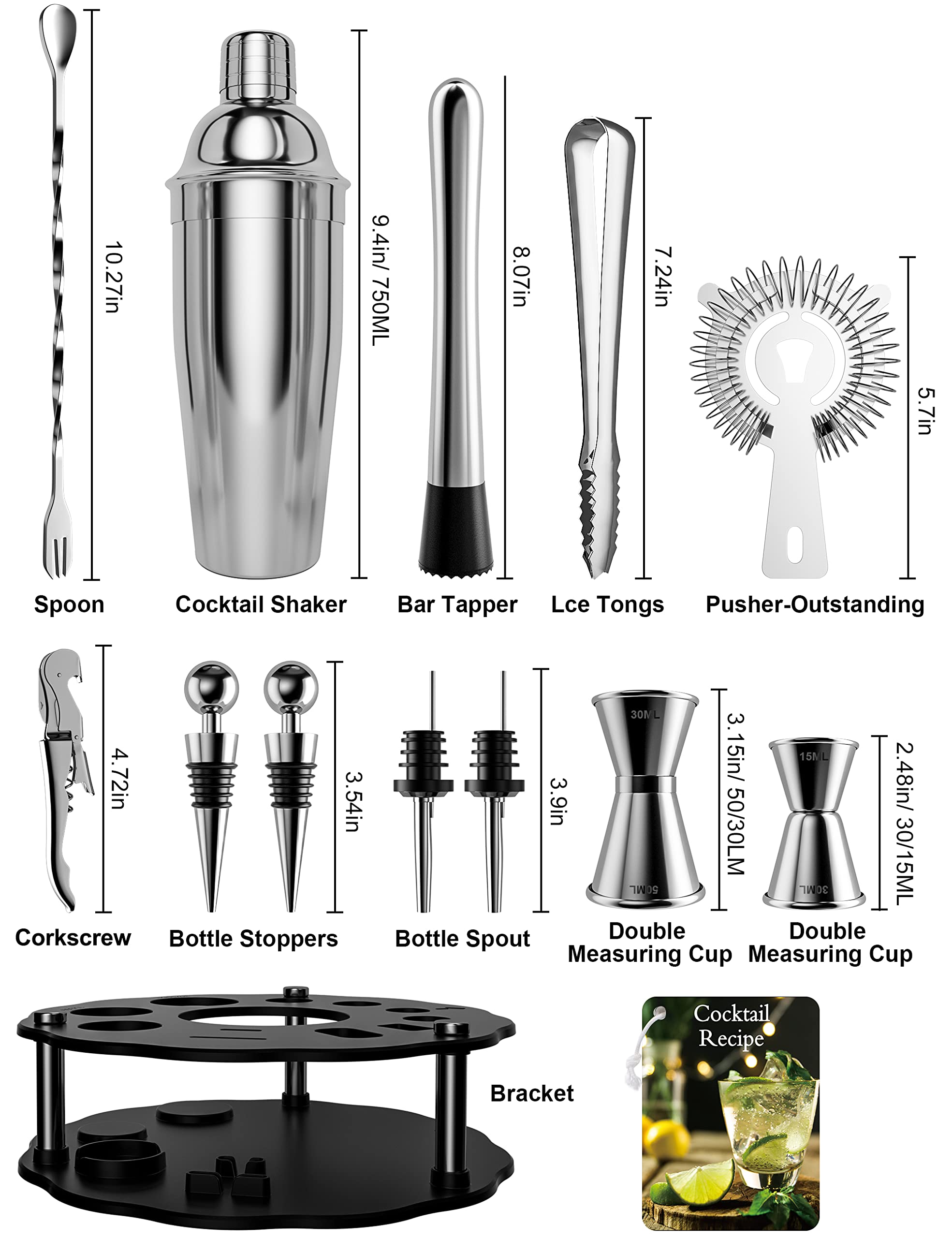 14-Piece Stainless Steel Bartender Kit with Rotating Stand - 25 oz Cocktail Shaker Set, Jigger, Spoon, Pourers, Muddler, Strainer, Tongs, Bottle Stoppers & Opener - Professional Bar Tools for Home Mixology & Cocktail Parties - Perfect for Bartenders, Home Bars & Entertaining Guests
