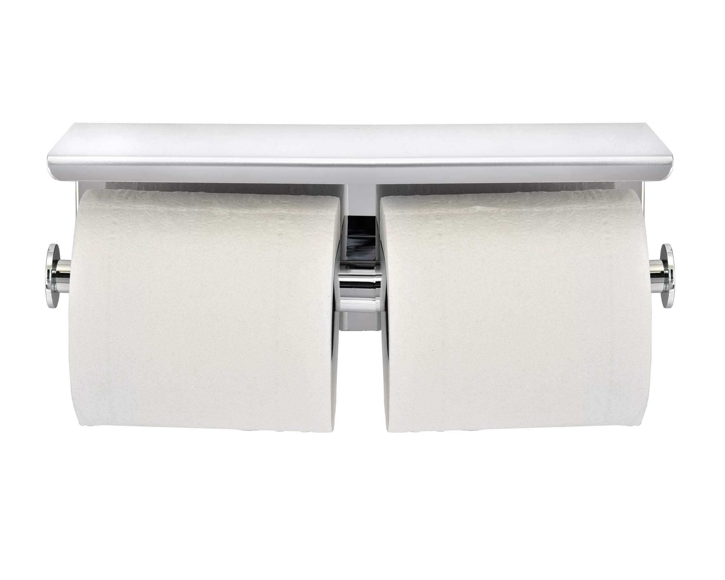 Alpine Industries Double Toilet Paper Holder with Shelf - Wall Mounted Bathroom Tissue Dispenser | Brushed Chrome Finish | Perfect for Small Bathrooms & Powder Rooms | Space Saving Storage Solution