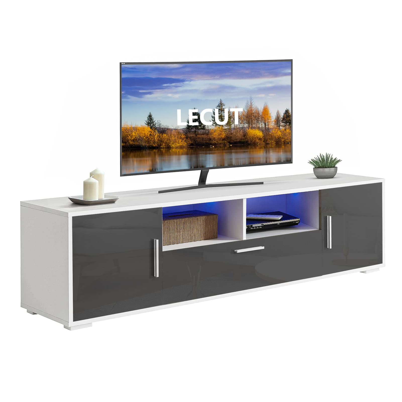 65 Inch LED TV Stand with Storage - High Gloss Entertainment Center TV Console Table Cabinet for Living Room & Bedroom (Grey) - Perfect for Home Theater Setup & Living Room Organization