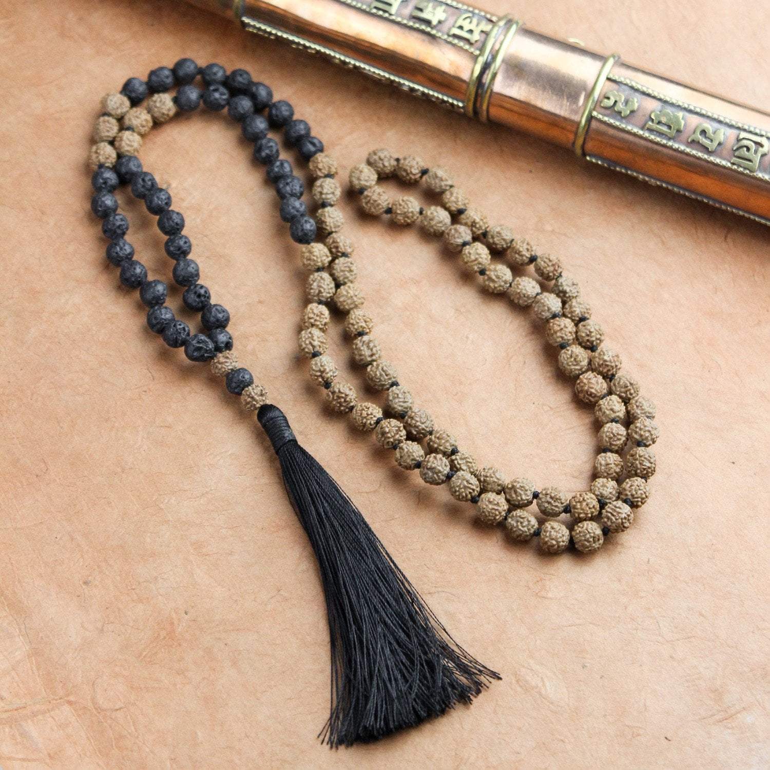 Authentic Hand-Knotted Rudraksha and Lava Stone Mala Beads - Spiritual Meditation Prayer Necklace for Yoga, Mindfulness & Positive Energy