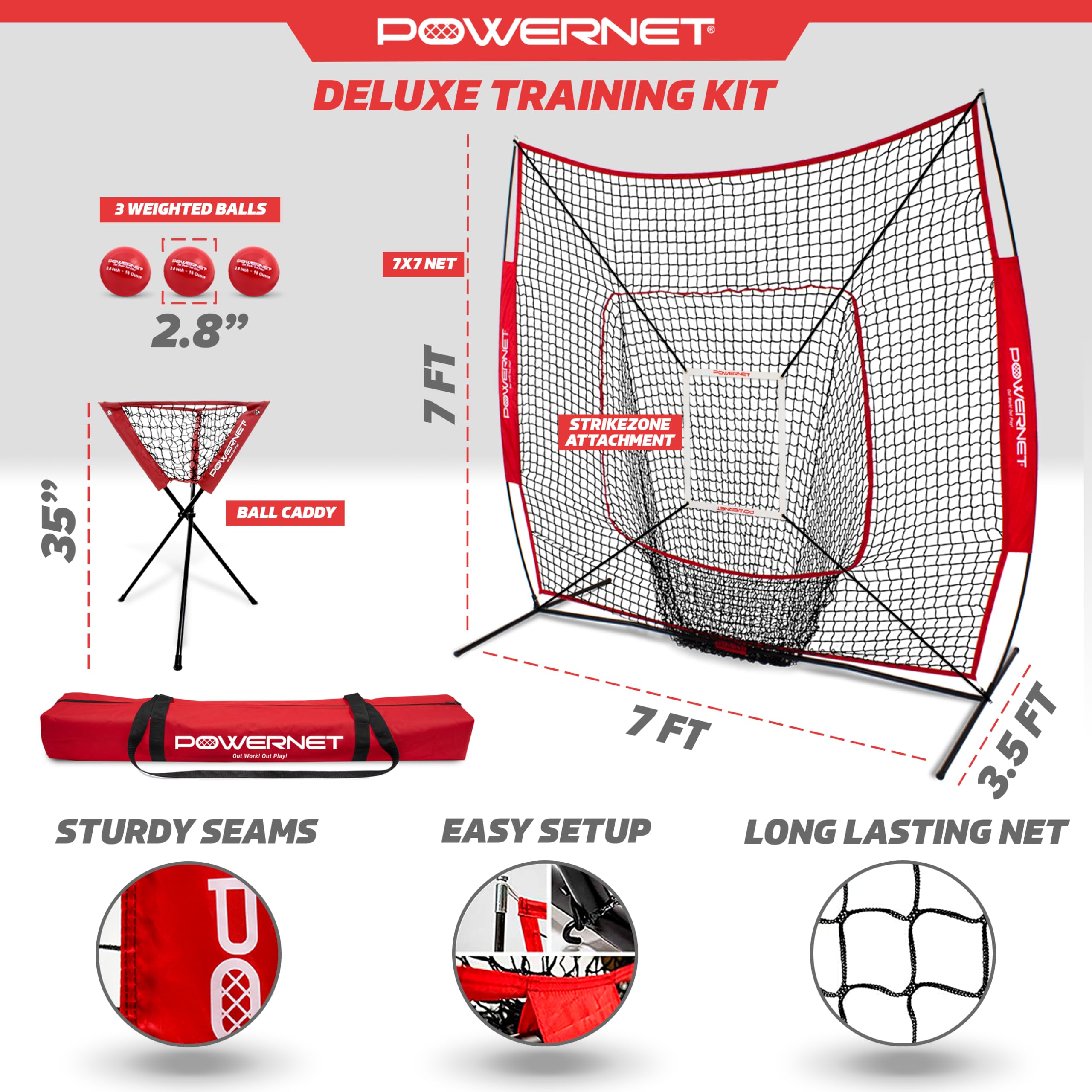 PowerNet 7x7 Baseball & Softball Practice Net with Pitching, Batting & Fielding Accessories - Includes Ball Caddy, Weighted Baseballs & Tee - Perfect for Backyard Training, Team Drills & Solo Practice Sessions