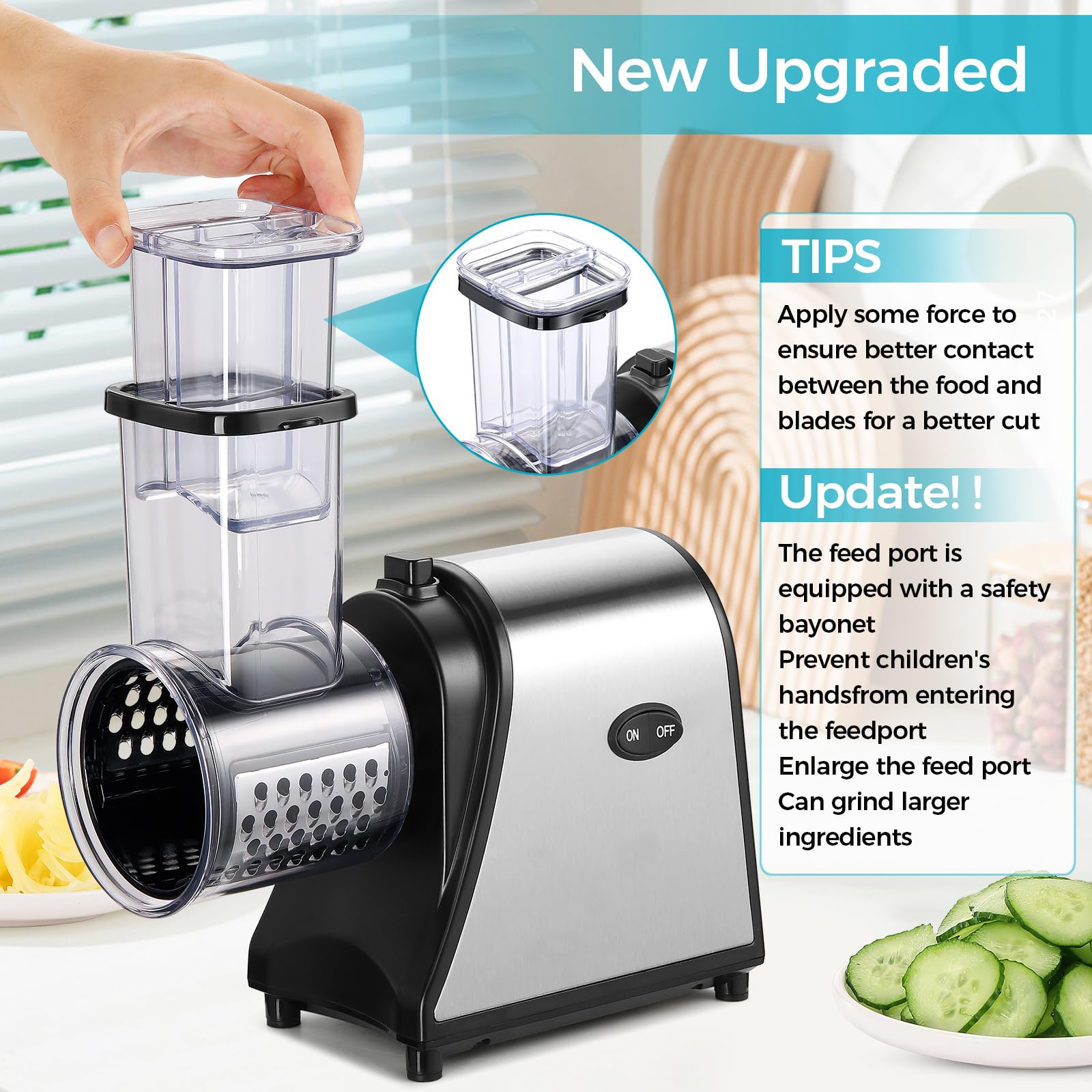 250W Electric Cheese Grater & Food Shredder - 5 Blade Multi-Function Slicer for Cheese, Fruits, Vegetables - One-Touch Salad Maker (2025 Upgrade) - Perfect for Kitchen, Meal Prep & Party Platters