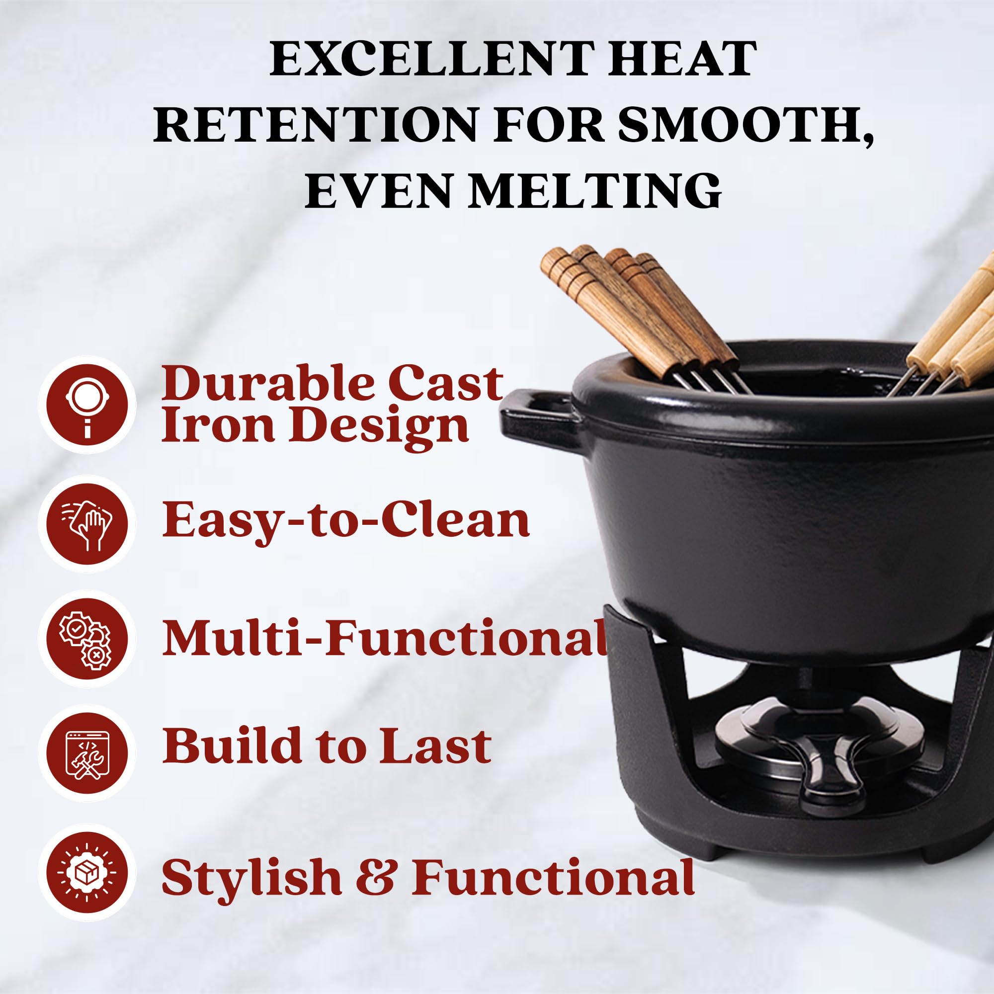Alva Nori 2 Qt Enameled Cast Iron Fondue Set with 8 Wooden Forks & Adjustable Burner - Non-Toxic Cheese, Chocolate, and S'mores Fondue Pot - PFOA-Free, Easy Clean Melting Pot for Parties, Date Nights, and Family Gatherings