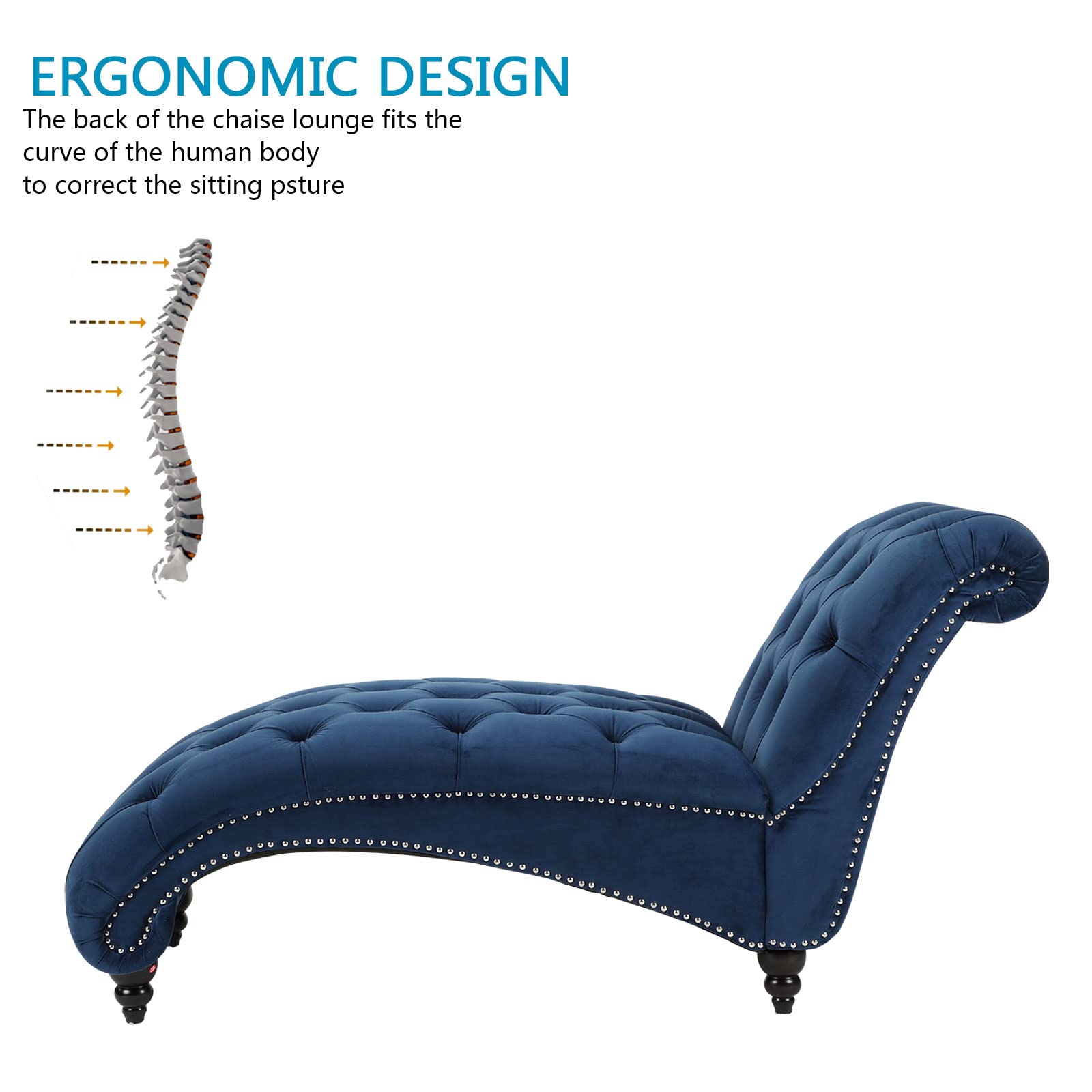 HomVent Tufted Leather Chaise Lounge Chair - Modern Indoor Lounge Chair with Button Tufting for Living Room, Office, or Bedroom - Perfect for Relaxing, Reading & Napping (Blue)